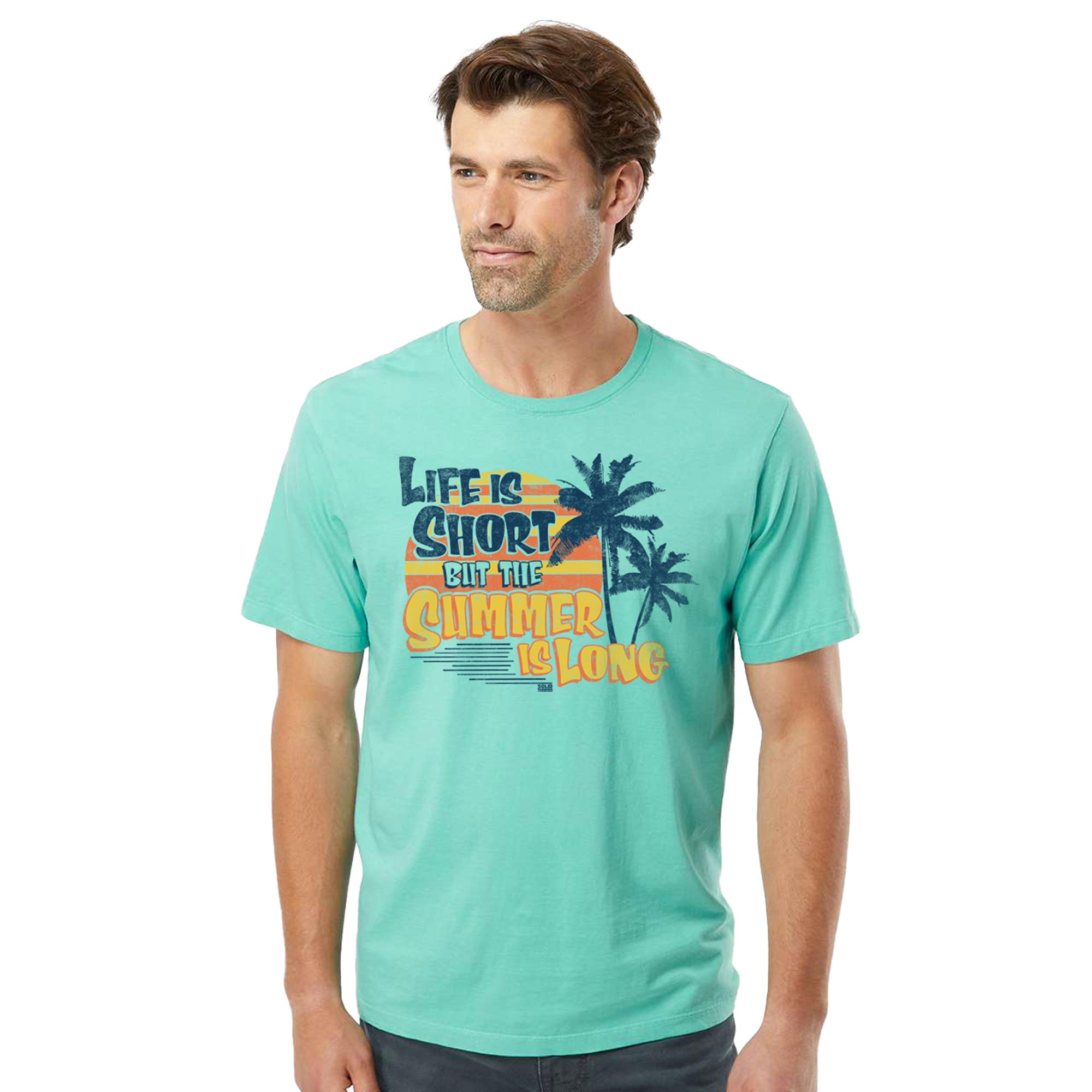 Life Is Short But The Summer Is Long Cool Organic Cotton T-shirt | Vintage Beach   Tee On Model | Solid Threads