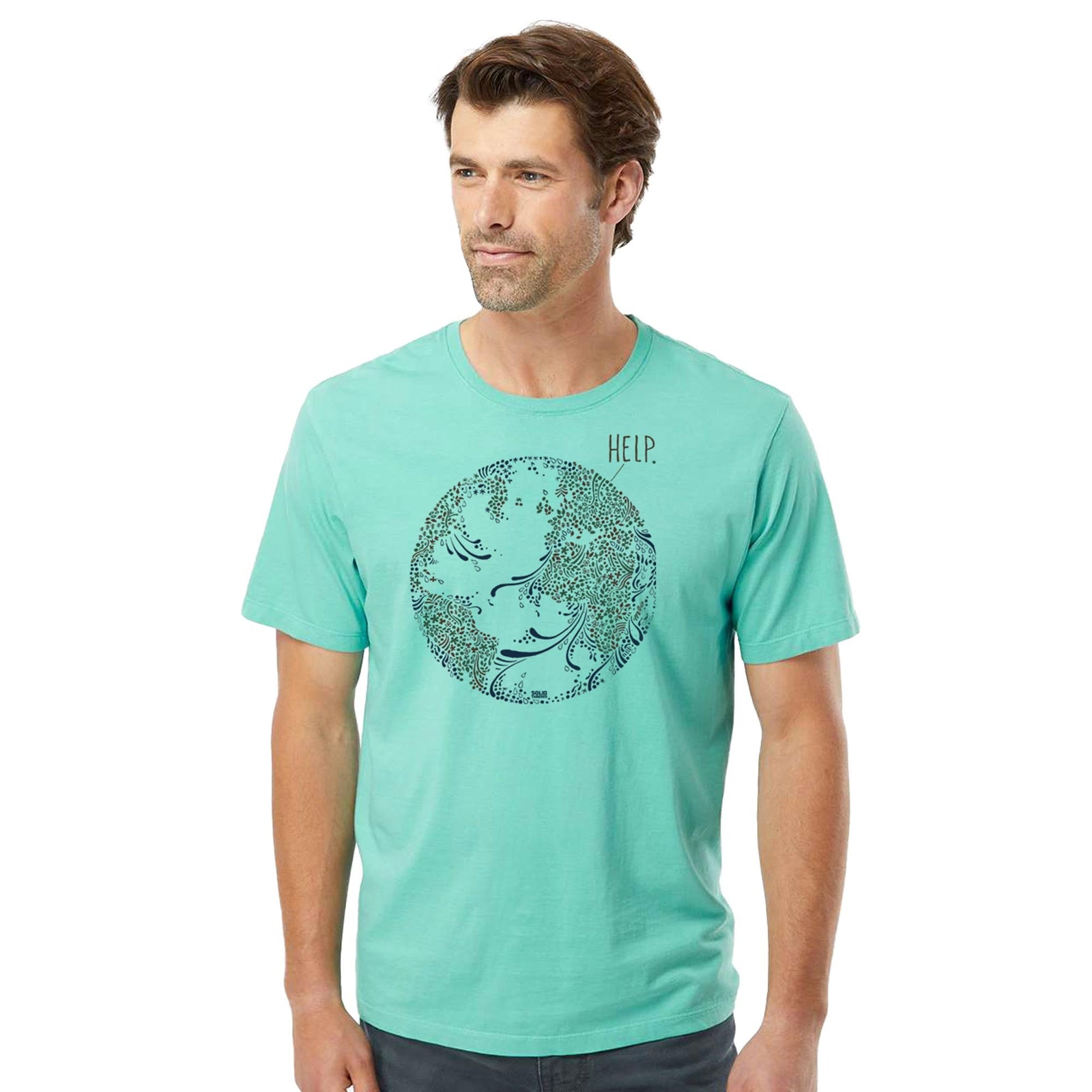 Earth Help Cool Organic Cotton T-shirt | Vintage Environmentalism Advocate Tee On Model | Solid Threads