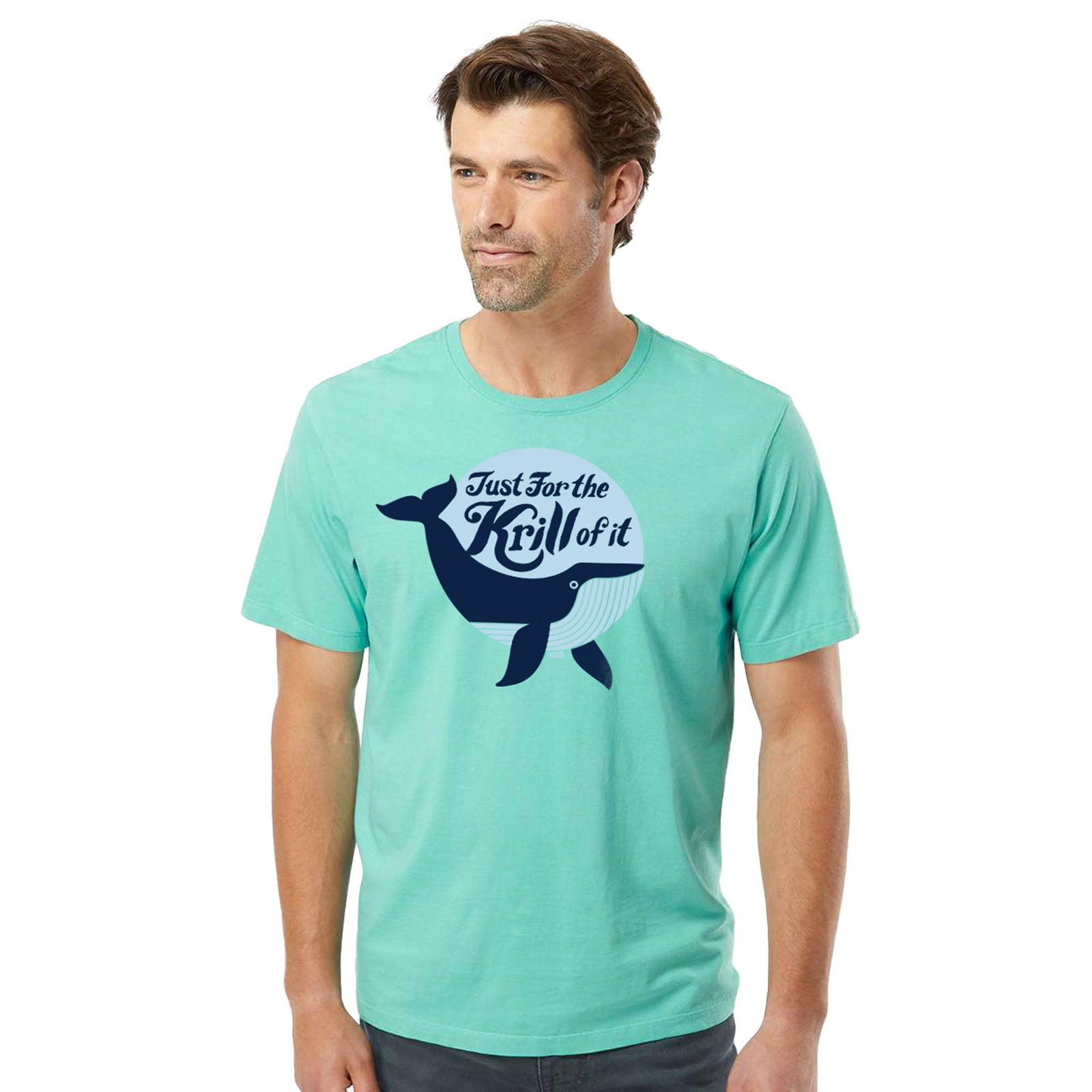 Just For The Krill Of It Retro Organic Cotton T-shirt | Funny Whale Tee On Model | Solid Threads