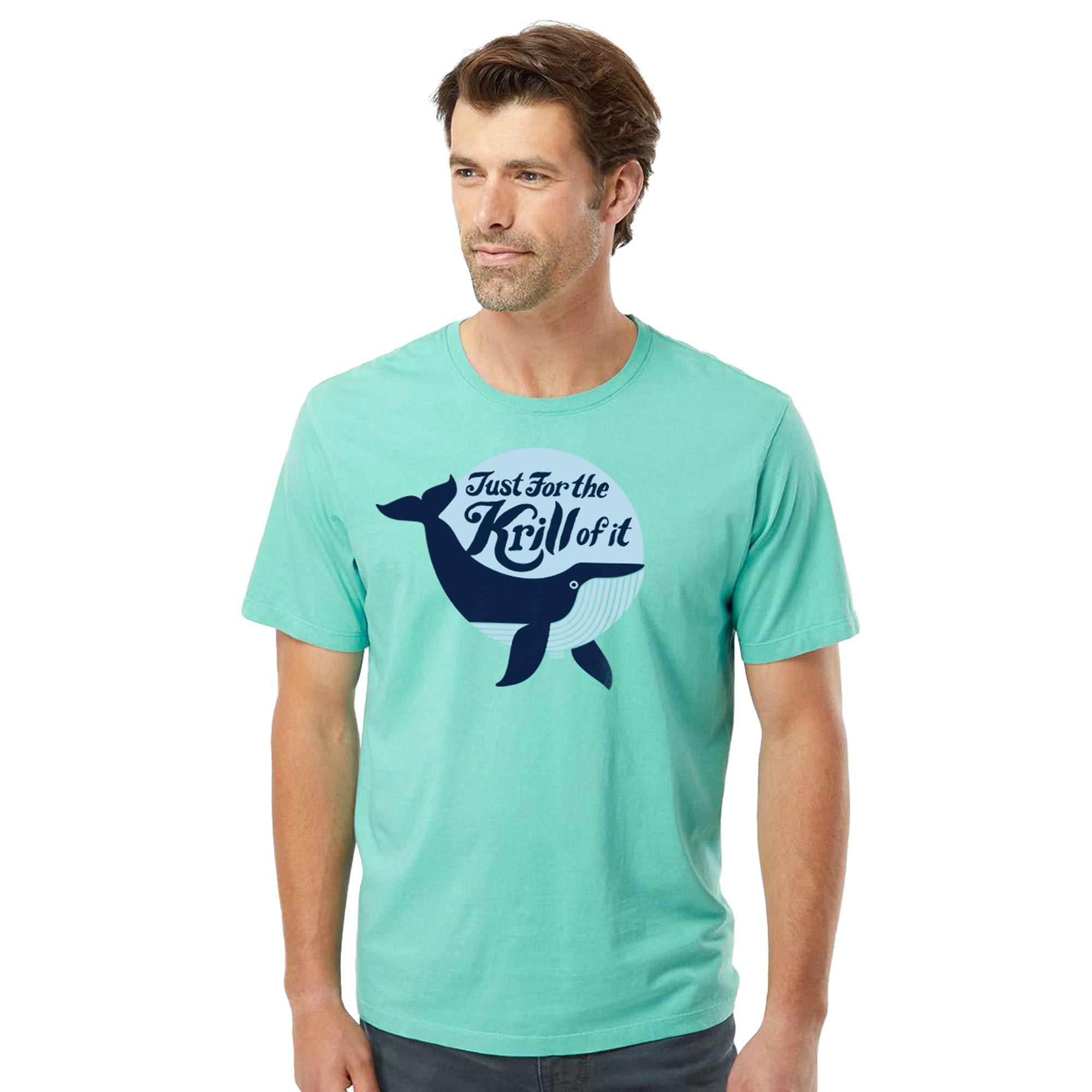 Just For The Krill Of It Retro Organic Cotton T-shirt | Funny Whale   Tee On Model | Solid Threads