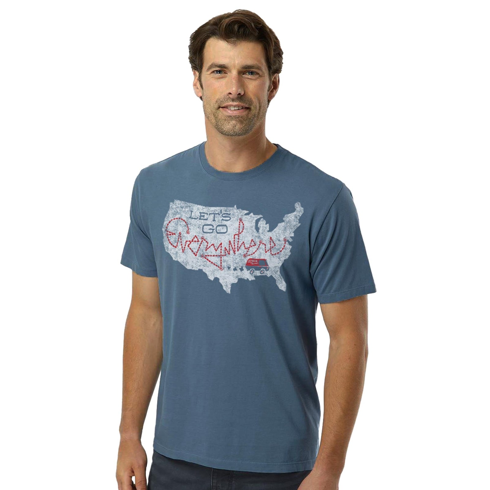 Let's Go Everywhere Cool Organic Cotton T-shirt | Vintage Road Trip Tee On Model | Solid Threads