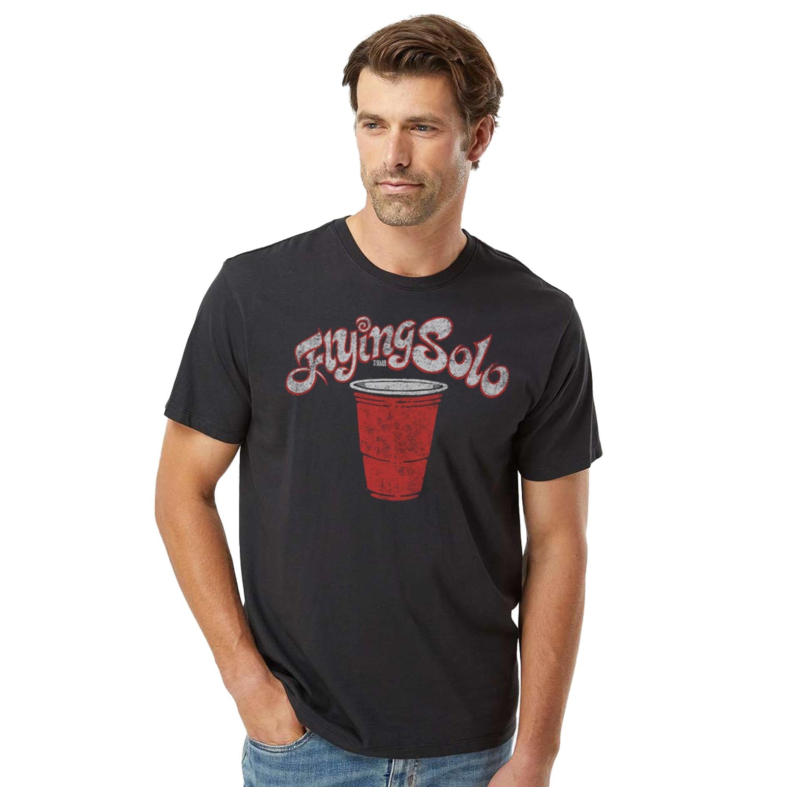 Flying Solo Vintage Organic Cotton T-shirt | Funny Drinking Game Tee On Model | Solid Threads
