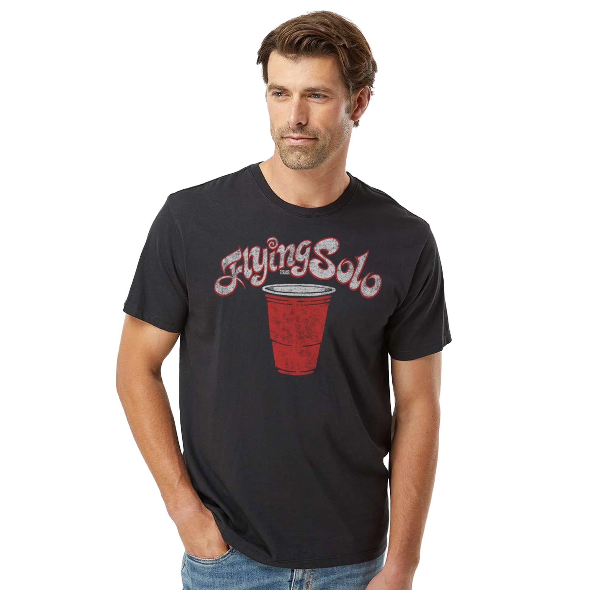 Flying Solo Vintage Organic Cotton T-shirt | Funny Drinking Game  Tee On Model | Solid Threads