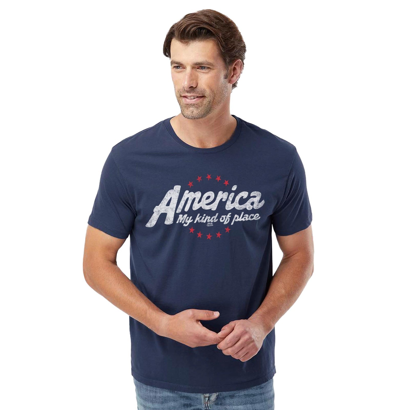 America My Kind Of Place Cool Organic Cotton T-shirt | Vintage Usa Patriotism Tee On Model | Solid Threads