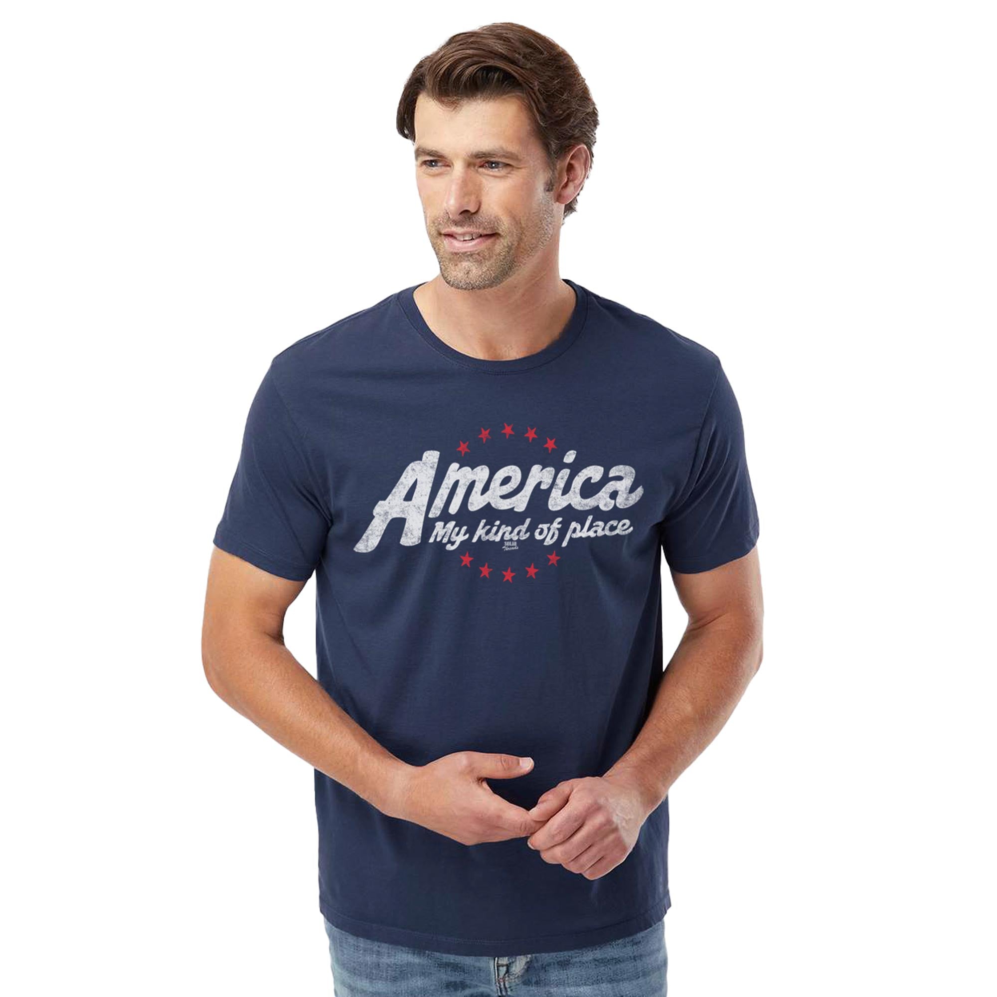 America My Kind Of Place Cool Organic Cotton T-shirt | Vintage Usa Patriotism  Tee On Model | Solid Threads
