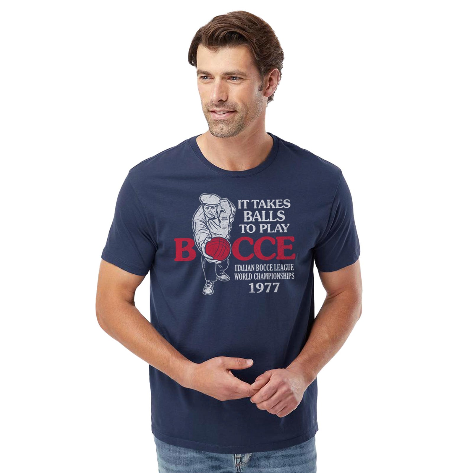 It Takes Balls To Play Bocce Funny Organic Cotton T-shirt | Vintage Sports Tee on Model | Solid Threads