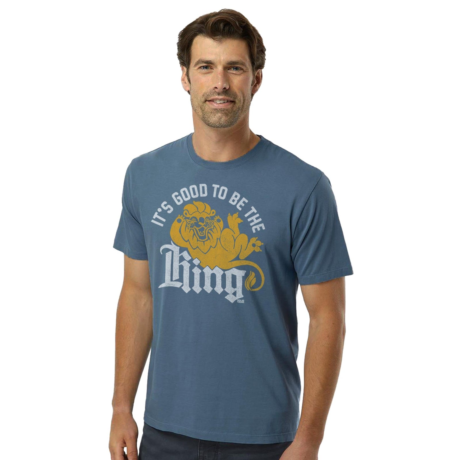 It's Good To Be The King Vintage Organic Cotton T-shirt | Funny Big Cat Tee On Model | Solid Threads