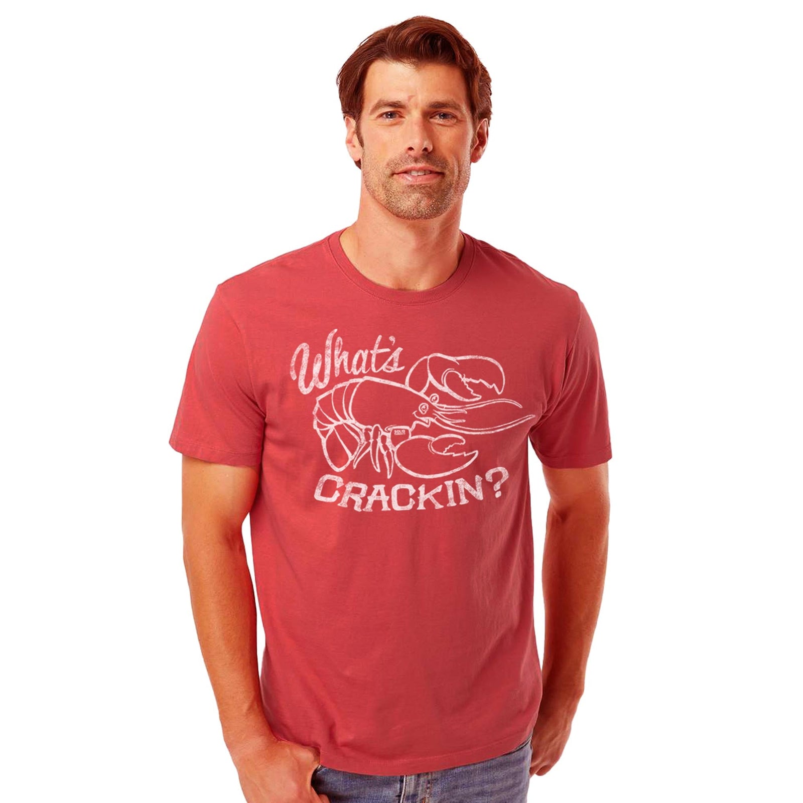 What's Crackin Funny Organic Cotton T-shirt | Vintage Crawfish Tee On Model | Solid Threads