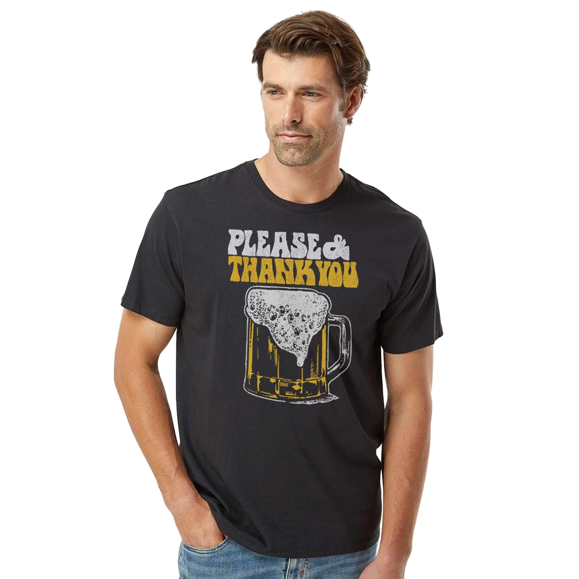 Please & Thank You Beer Vintage Organic Cotton T-shirt | Funny Drinking   Tee On Model | Solid Threads