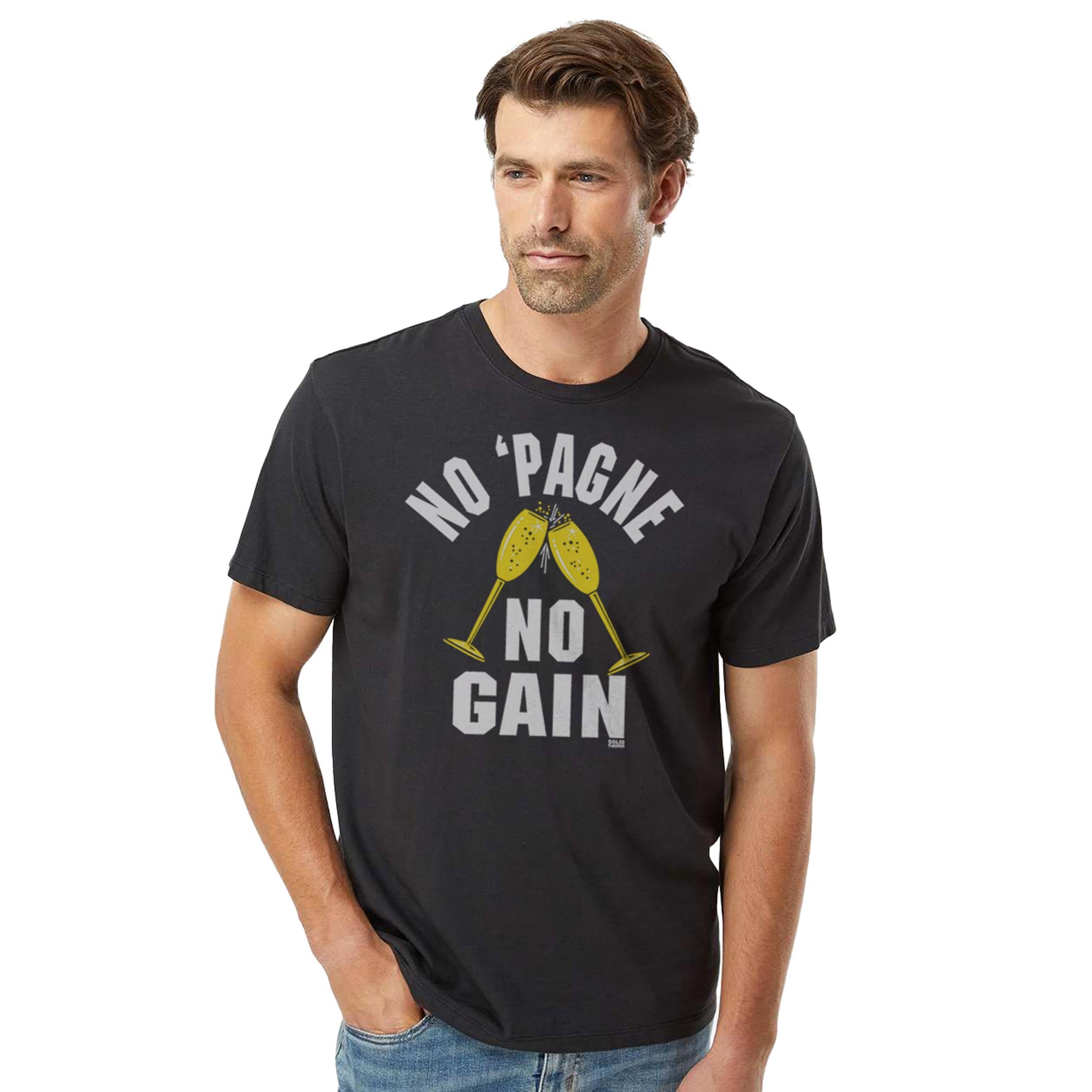 No Pagne No Gain Vintage Organic Cotton T-shirt | Funny Champagne   Tee On Model | Solid Threads