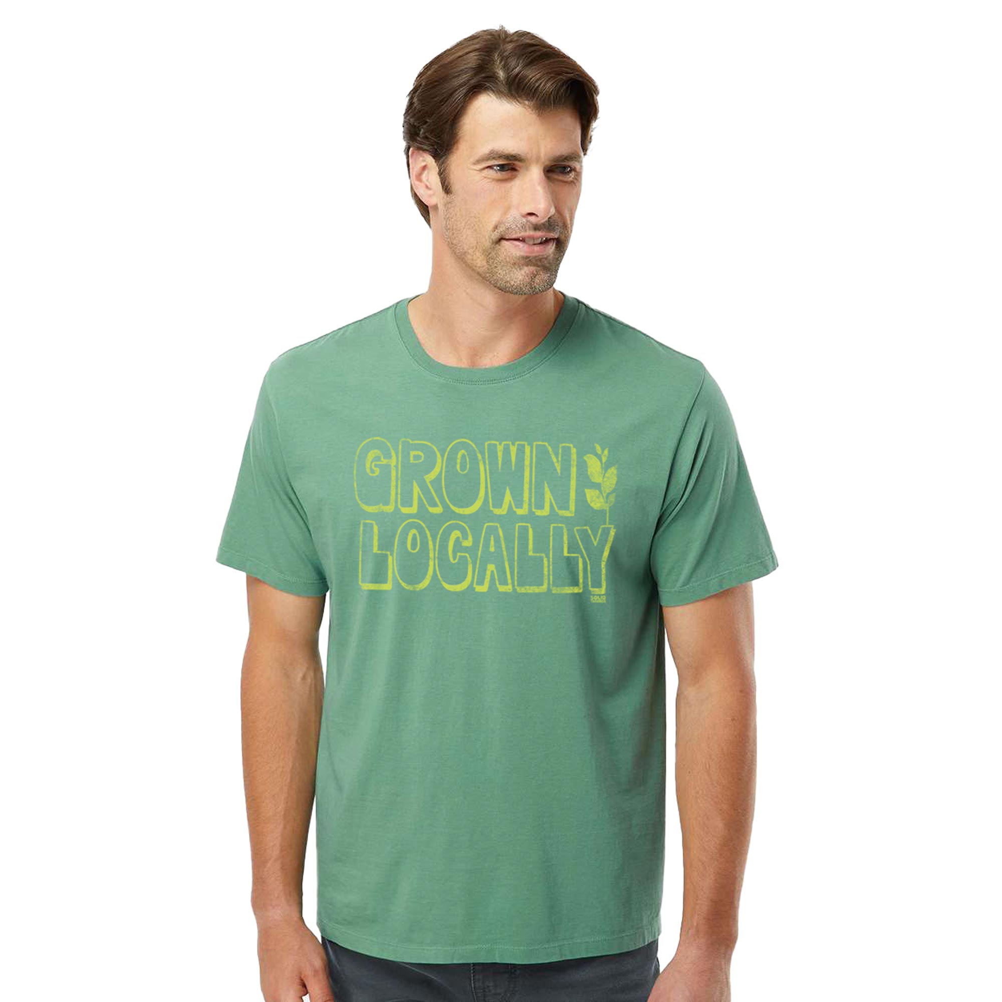 Grown Locally Cool Organic Cotton T-shirt | Vintage Farm To Table Tee On Model | Solid Threads
