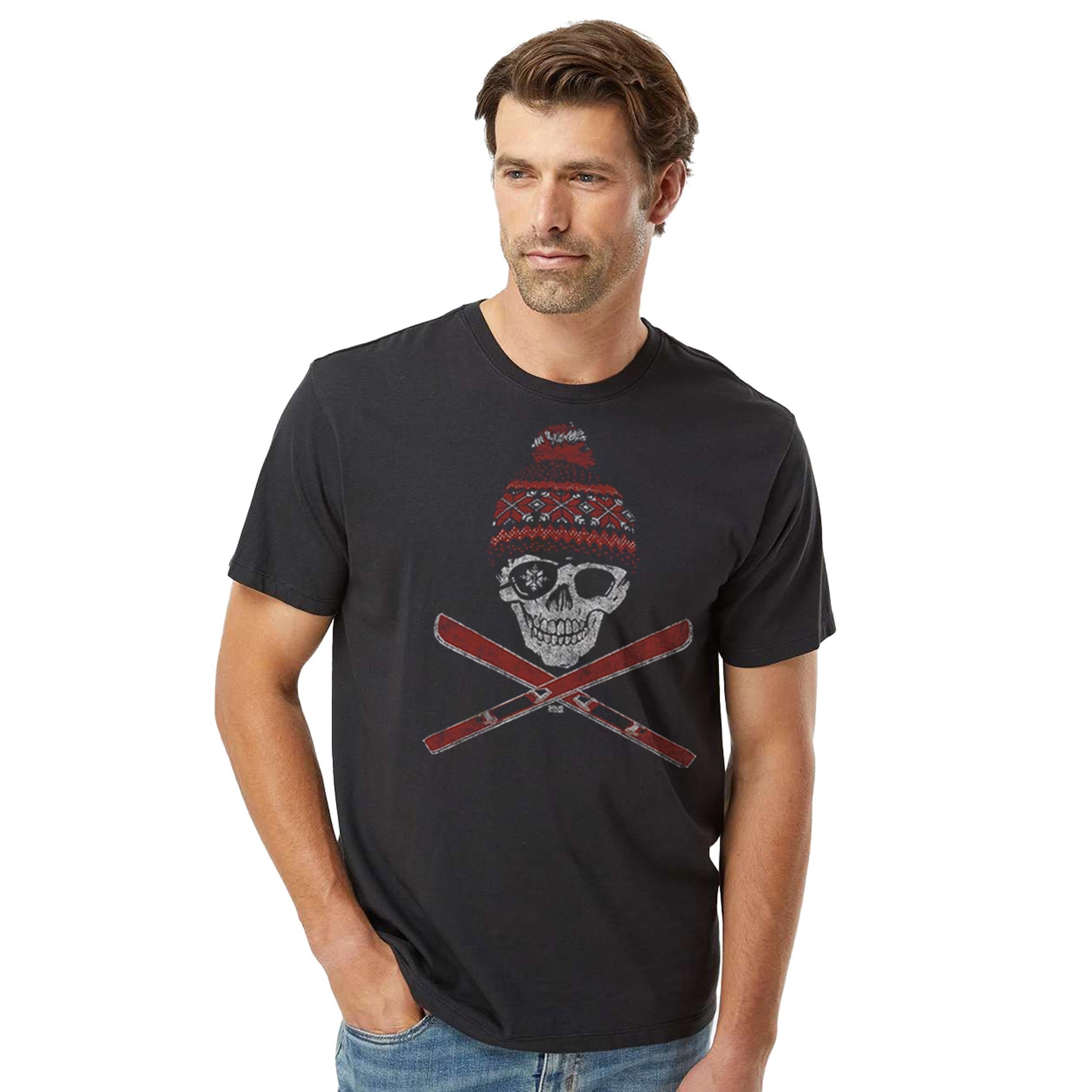 Ski Skull Cool Organic Cotton T-shirt | Vintage Winter Mountains  Tee On Model | Solid Threads