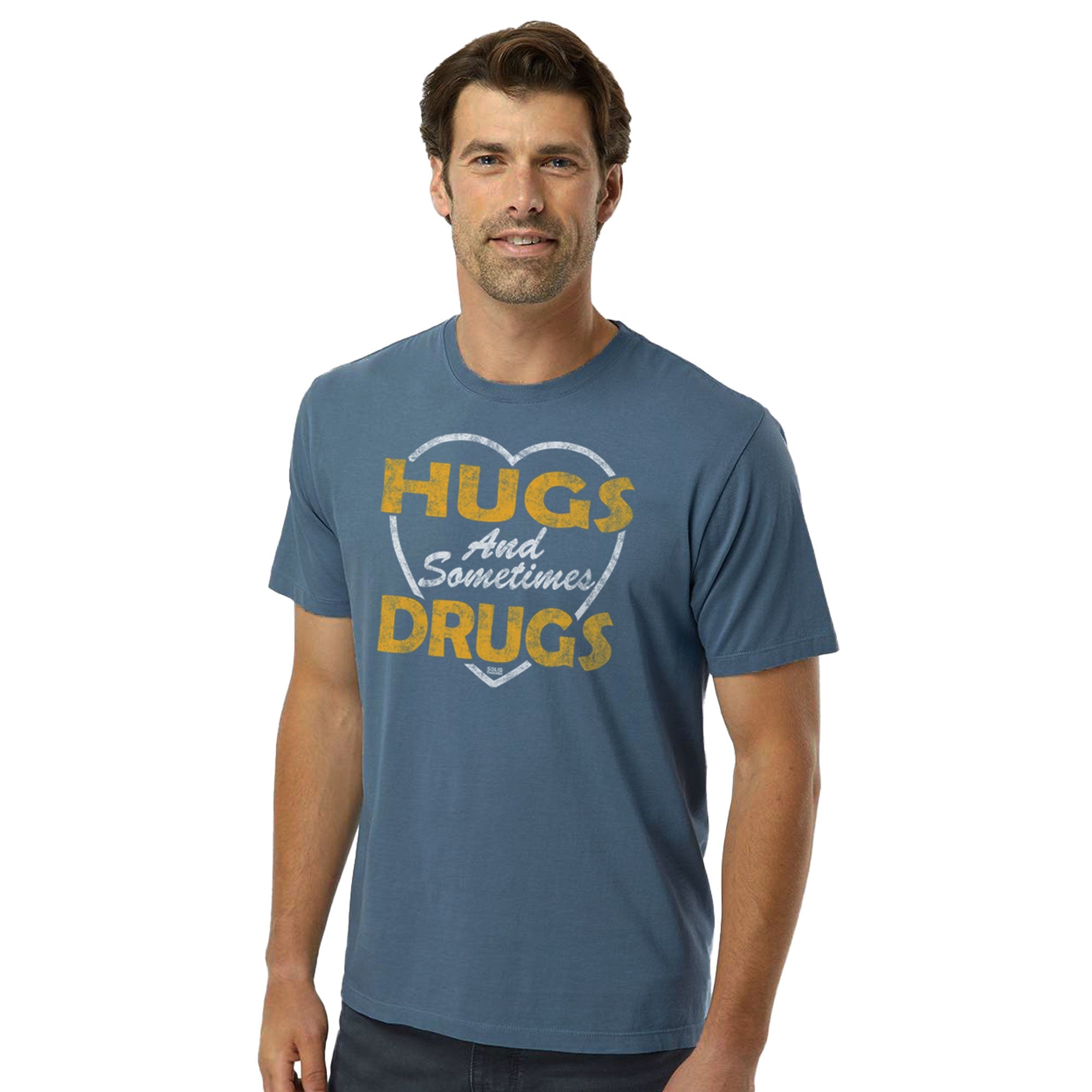Hugs And Sometimes Drugs Retro Organic Cotton T-shirt | Funny Festival   Tee On Model | Solid Threads