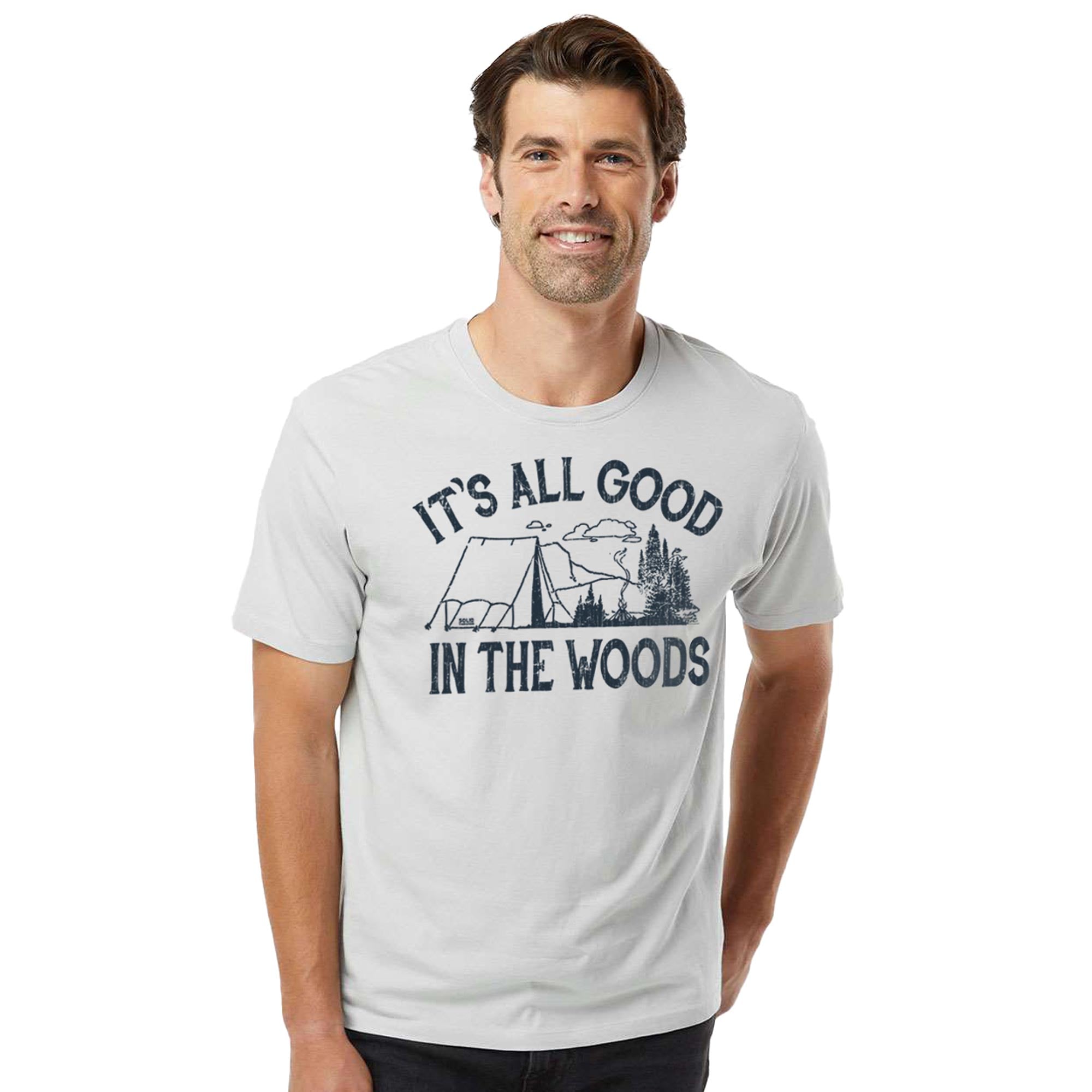 It's All Good In The Woods Vintage Organic Cotton T-shirt | Cool Camping   Tee On Model | Solid Threads
