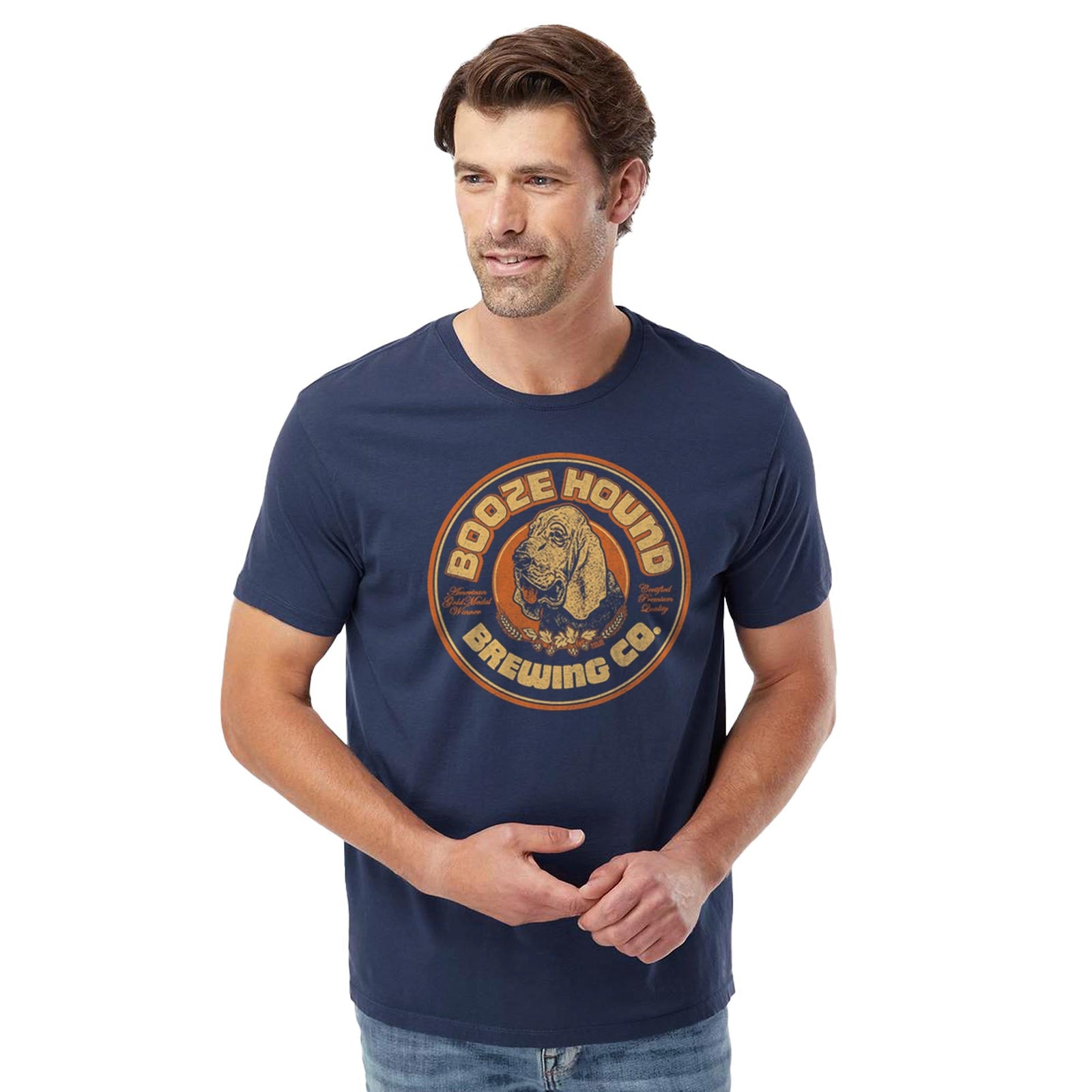 Boozehound Brewing Co. Vintage Organic Cotton T-shirt | Funny Drinking Tee On Model | Solid Threads