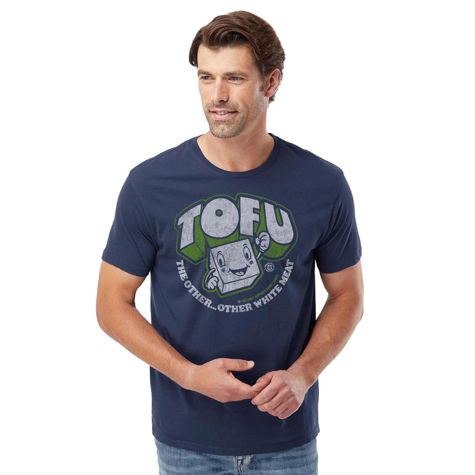 Tofu,The Other Other White Meat | Supports Animal Rights Vintage Organic Cotton T-shirt | Funny Vegan Food Tee On Model | Solid Threads