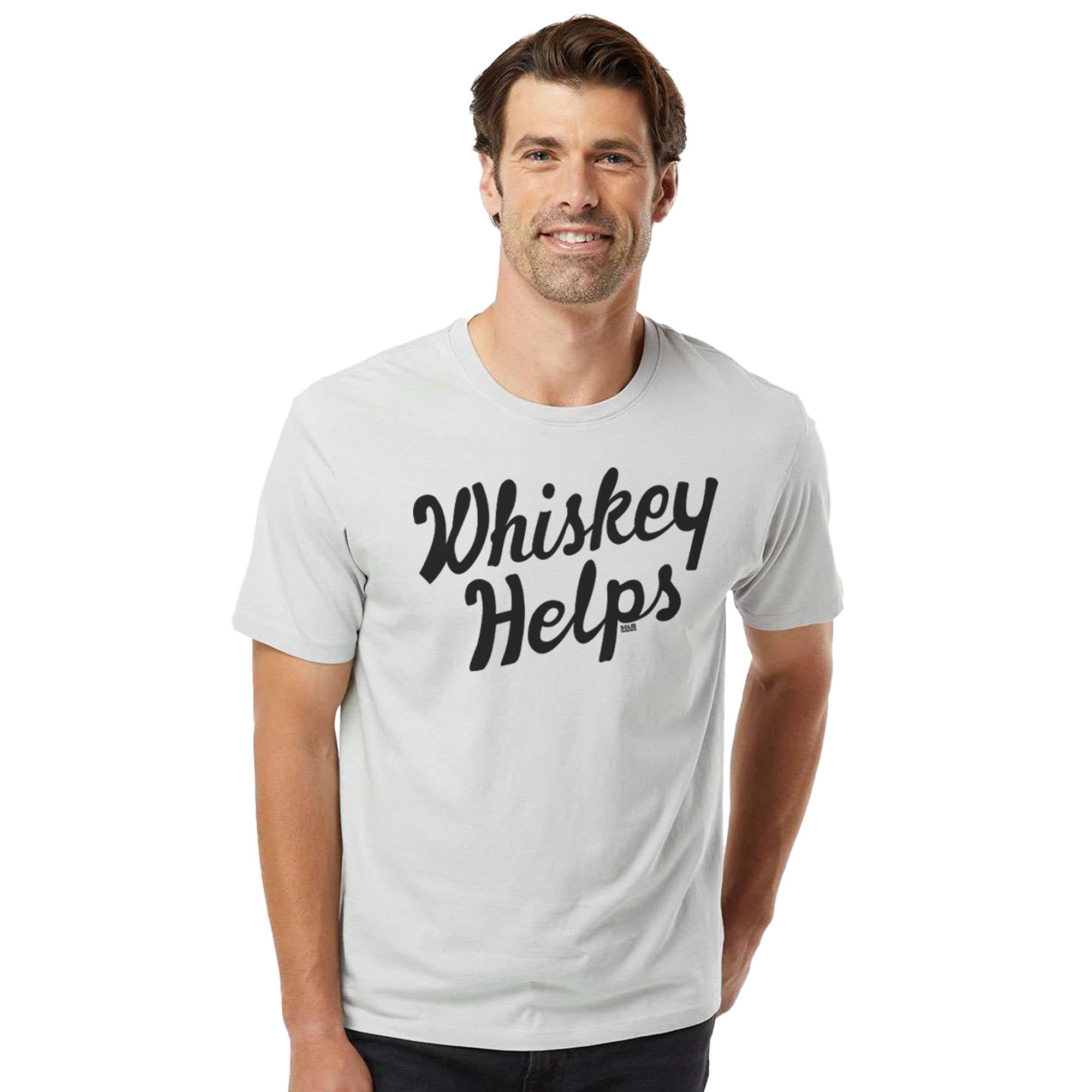 Whiskey Helps Cool Organic Cotton T-shirt | Funny Drinking Tee on Model | Solid Threads