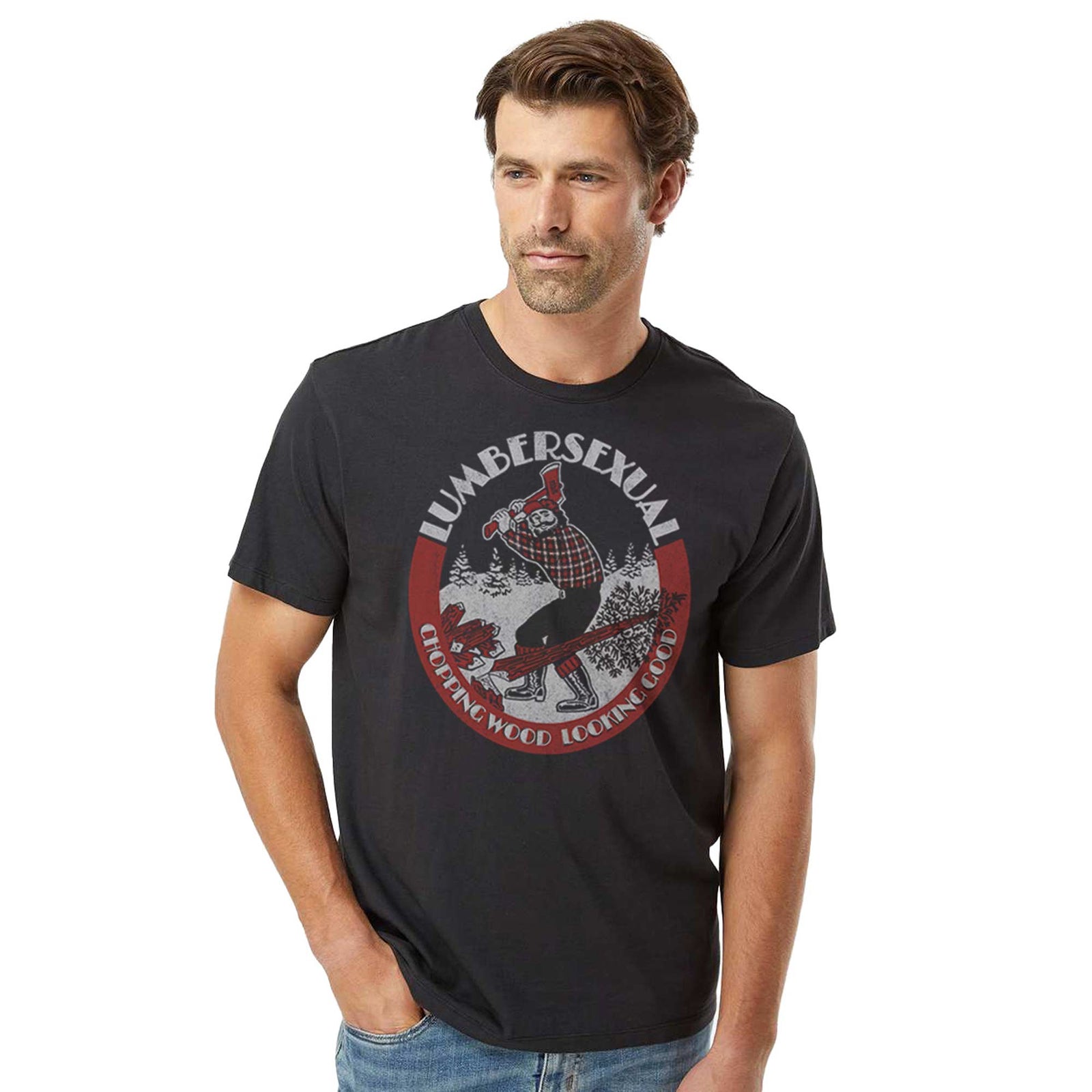 Lumbersexual Chopping Wood Looking Good Vintage Organic Cotton T-shirt | Funny Lumberjack Tee On Model | Solid Threads