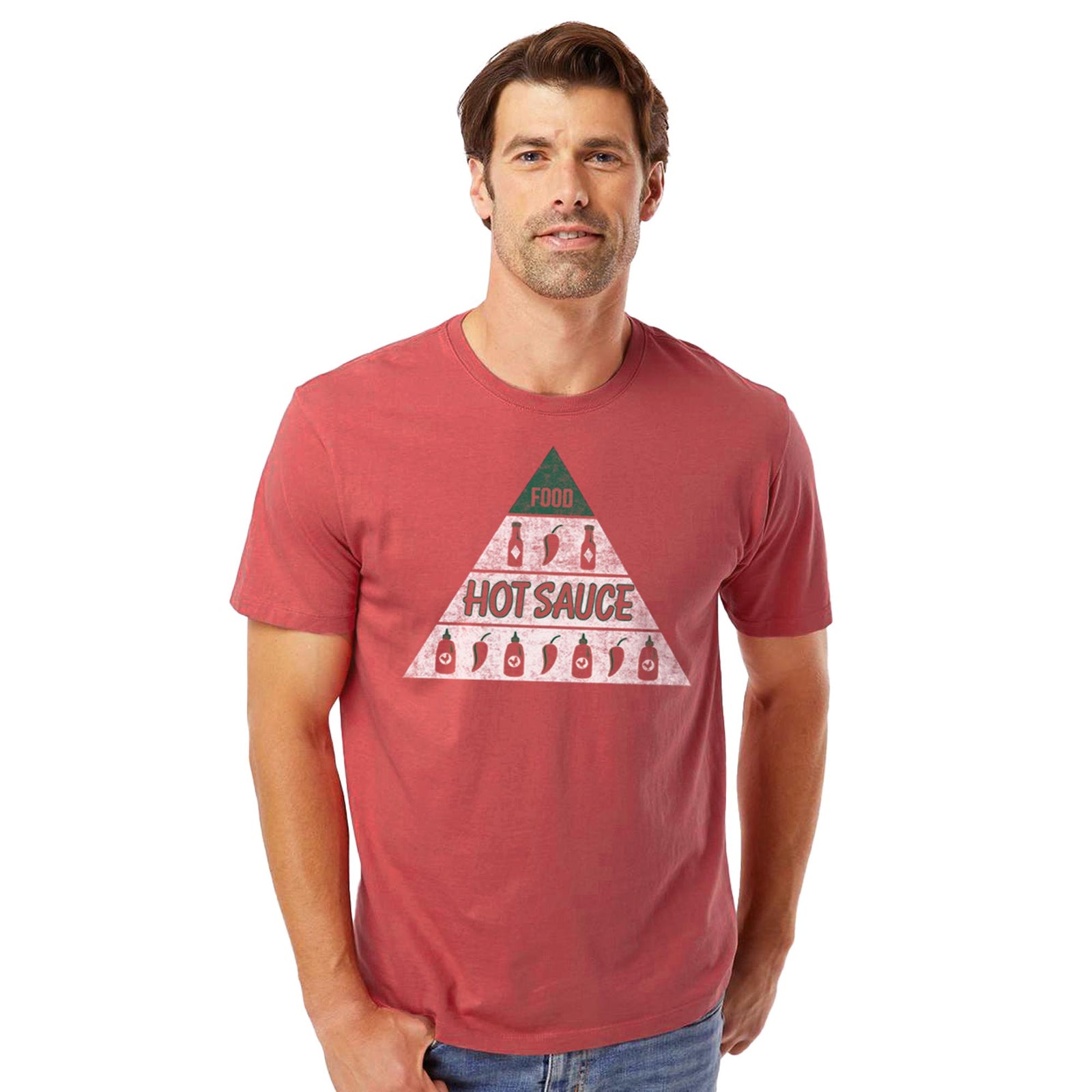 Hot Sauce Vintage Organic Cotton T-shirt | Cool Sriracha Tee On Model | Solid Threads
