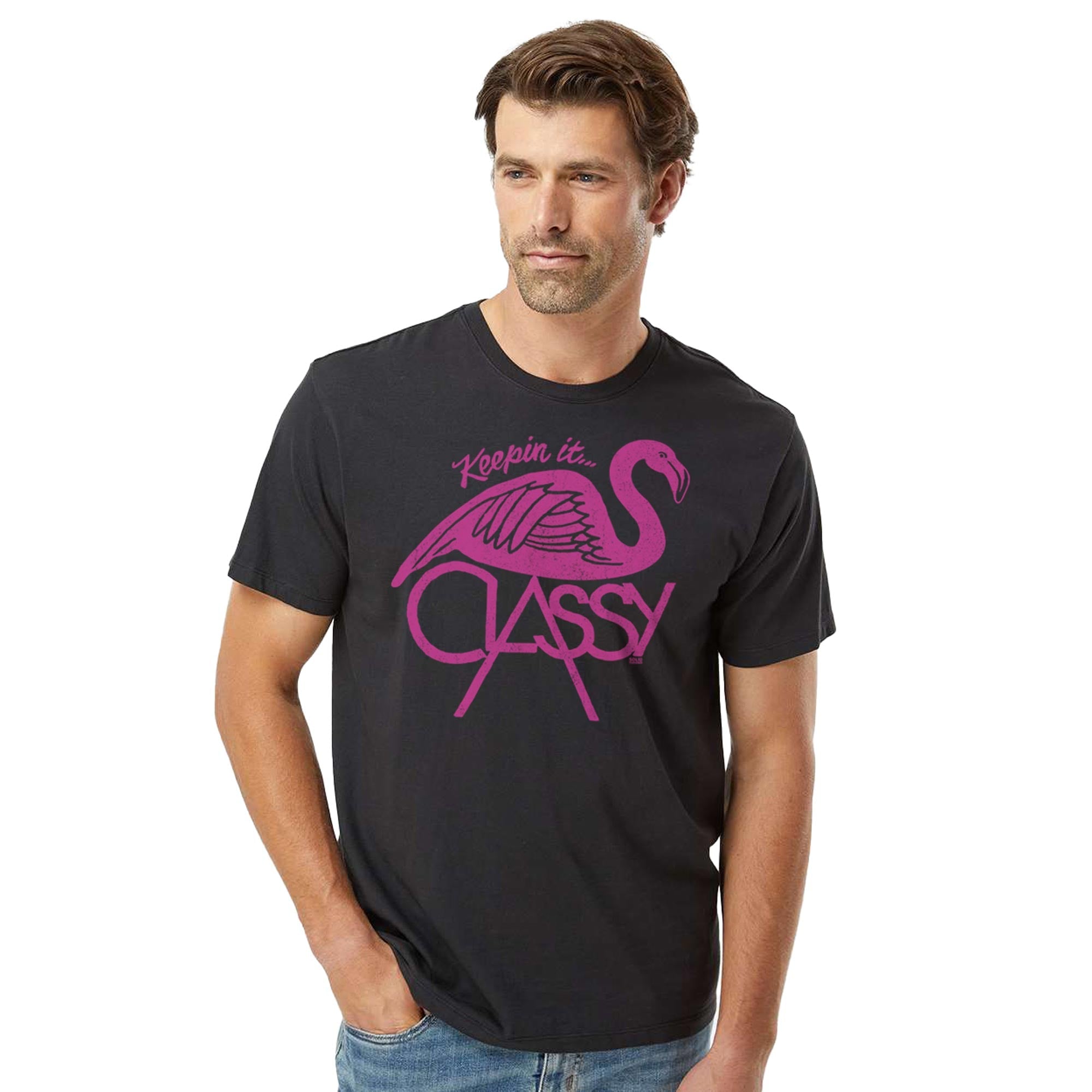 Keepin' It...Classy Vintage Organic Cotton T-shirt | Funny Flamingo   Tee On Model | Solid Threads