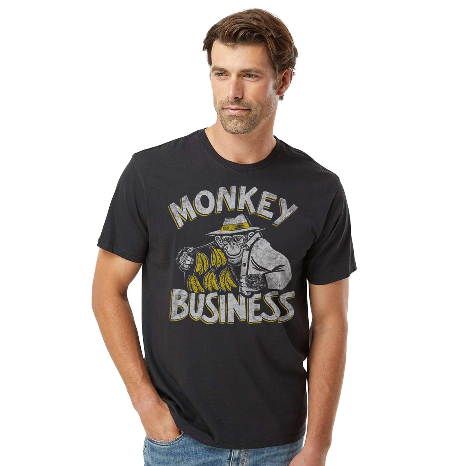 Monkey Business Vintage Organic Cotton T-shirt | Funny Animal Pun Tee On Model | Solid Threads