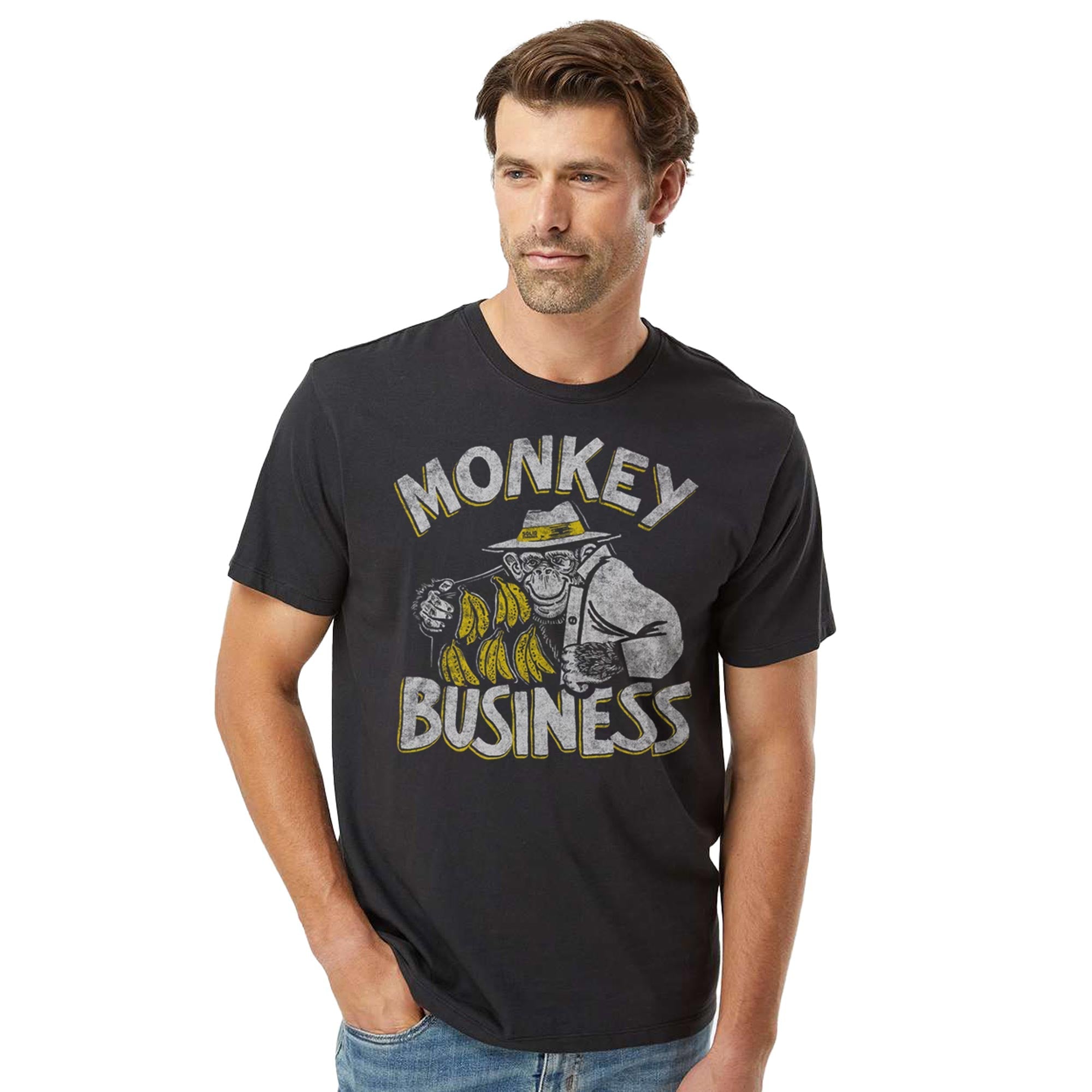 Monkey Business Vintage Organic Cotton T-shirt | Funny Animal Pun  Tee On Model | Solid Threads