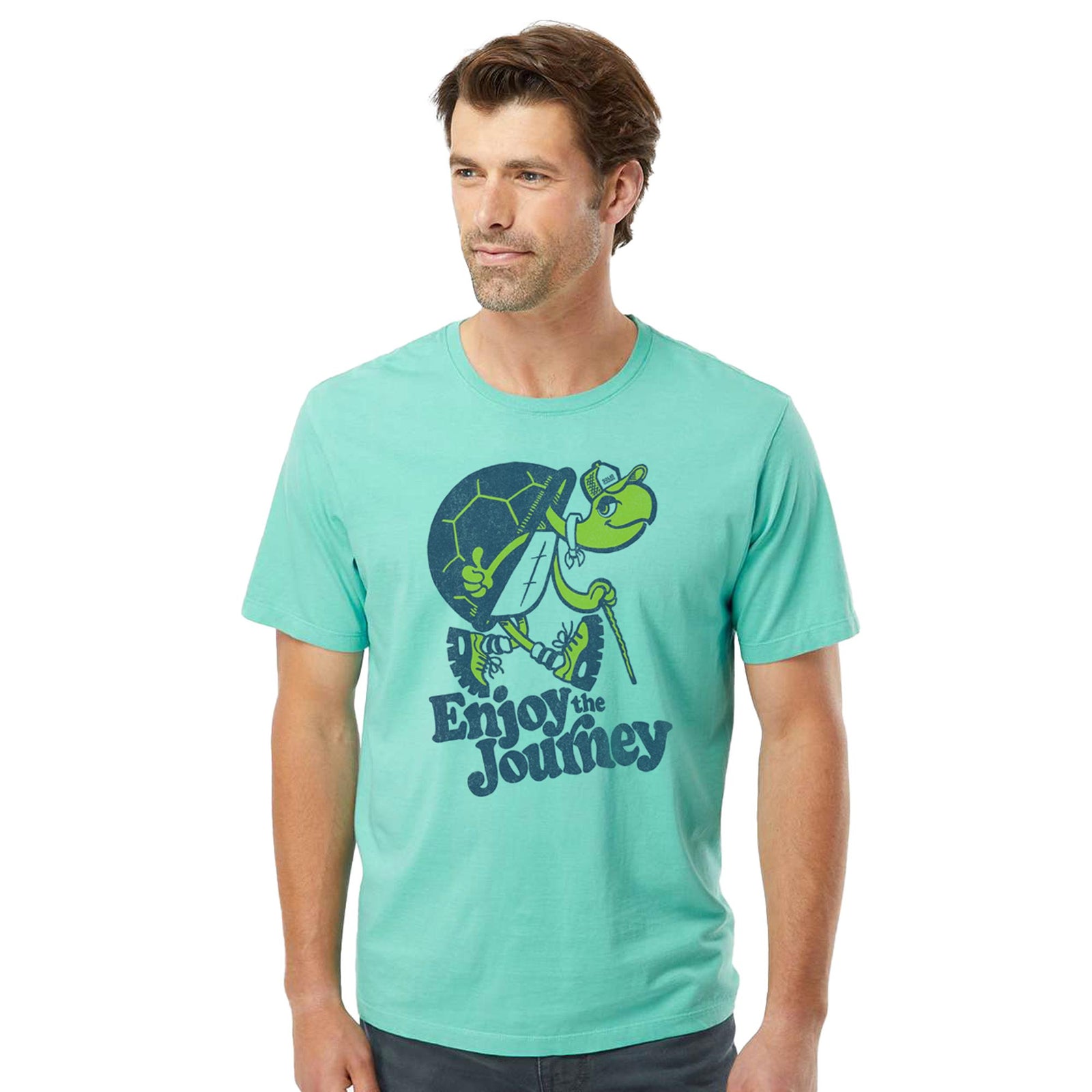 Turtle Enjoy The Journey Cool Organic Cotton T-shirt | Vintage Travel Tee On Model | Solid Threads