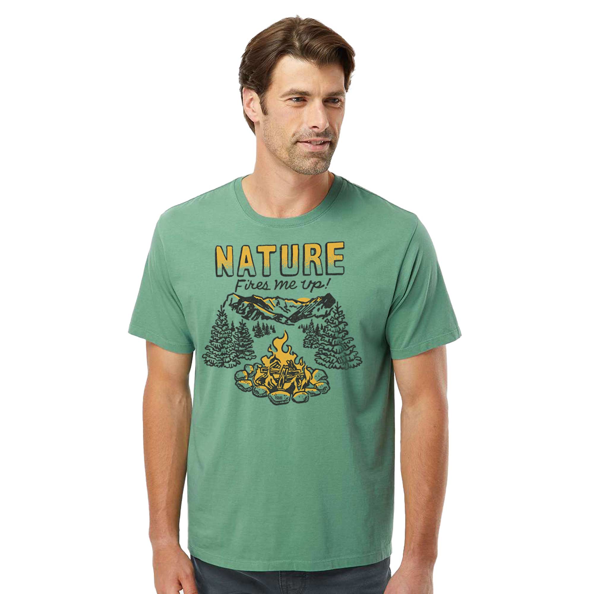 Nature Fires Me Up Vintage Organic Cotton T-shirt | Funny Camping   Tee On Model | Solid Threads
