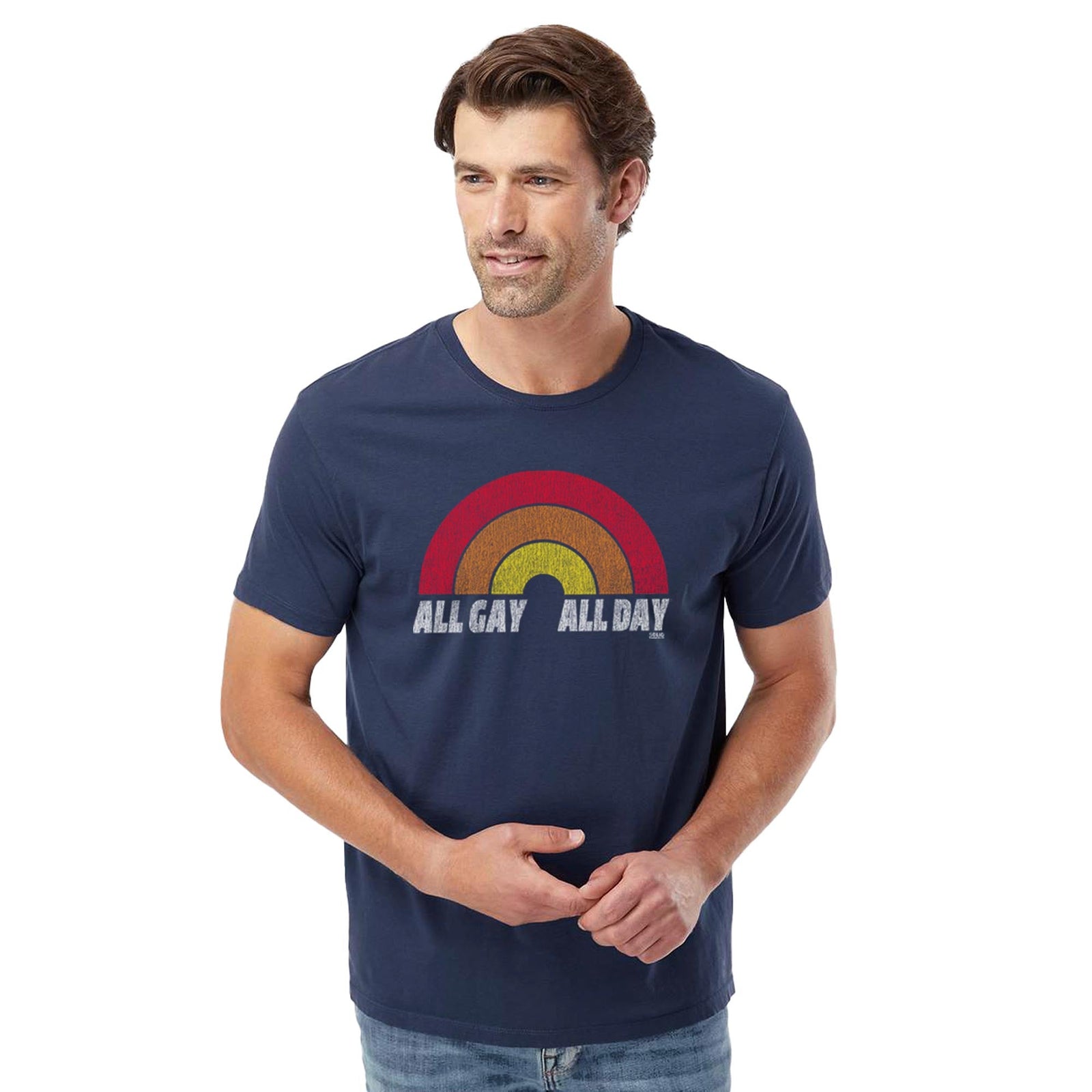 All Gay All Day Vintage Organic Cotton T-shirt | Retro Pride Tee On Model | Solid Threads