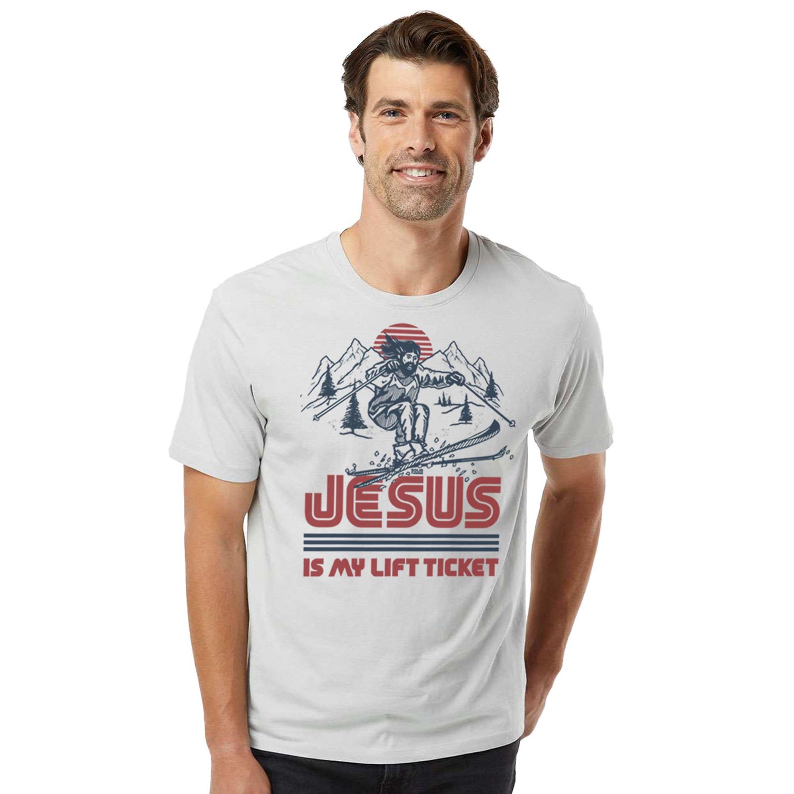 Jesus Is My Lift Ticket Funny Organic Cotton T-shirt | Cool Skiing Tee On Model | Solid Threads