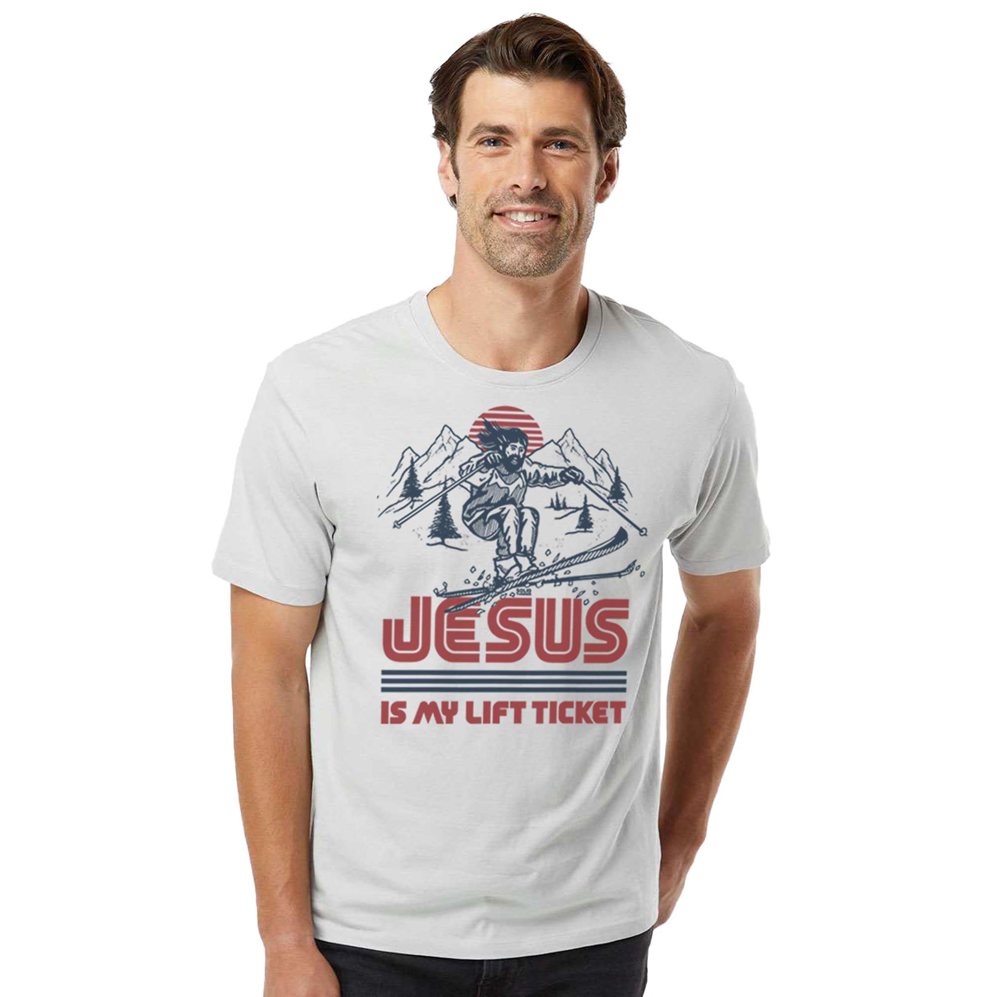 Jesus Is My Lift Ticket Funny Organic Cotton T-shirt | Cool Skiing   Tee On Model | Solid Threads