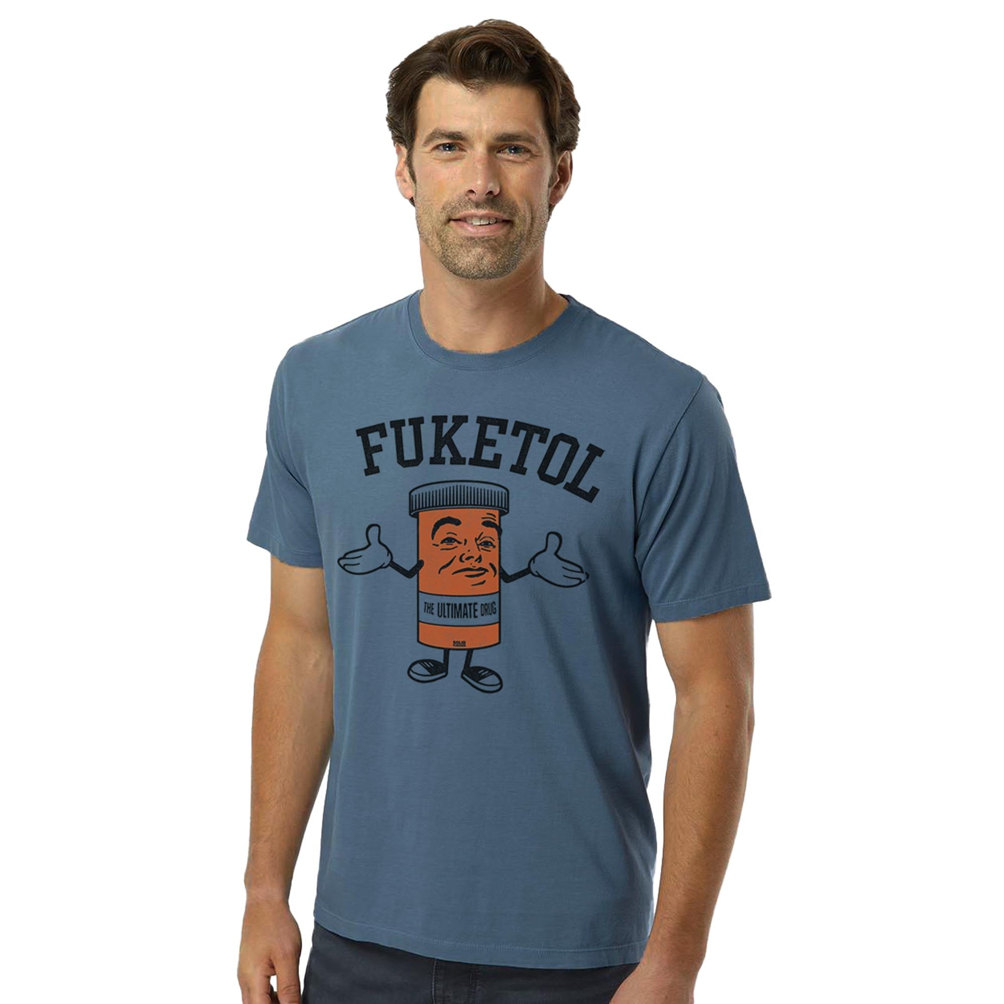 Fuketol Retro Organic Cotton T-shirt | Funny Pill Bottle  Tee On Model | Solid Threads