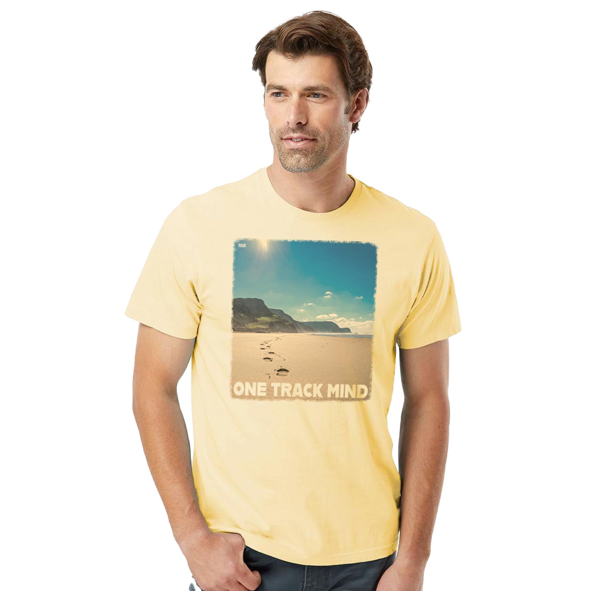 One Track Mind Vintage Organic Cotton T-shirt | Funny Beach Bum  Tee On Model | Solid Threads