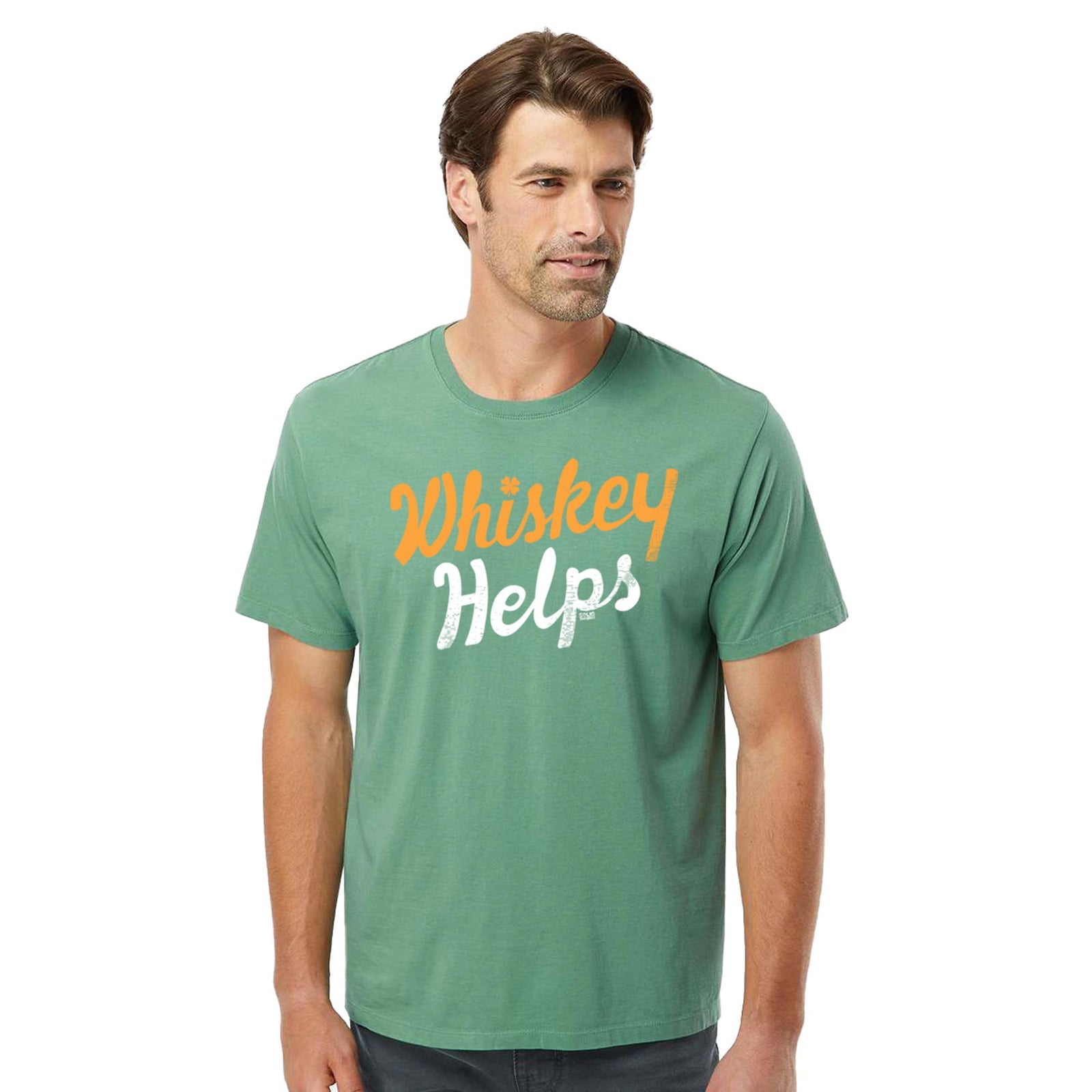 Irish Whiskey Helps Funny Organic Cotton T-shirt | Vintage St Paddy's Tee On Model | Solid Threads