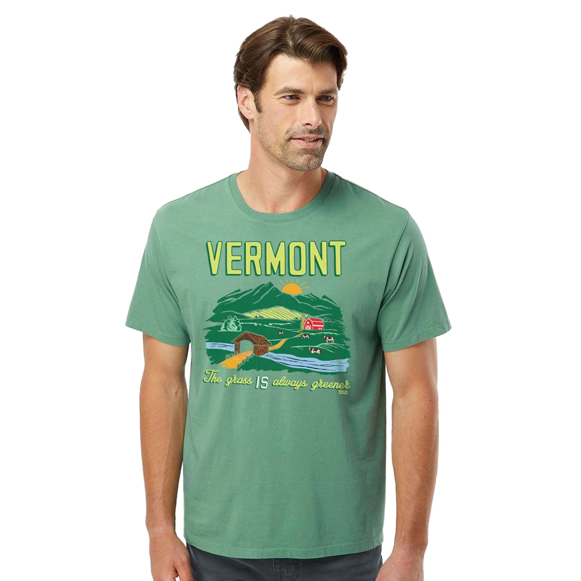 Vermont The Grass Is Always Greener Cool Organic Cotton T-shirt | Vintage Green Mountains  Tee On Model | Solid Threads