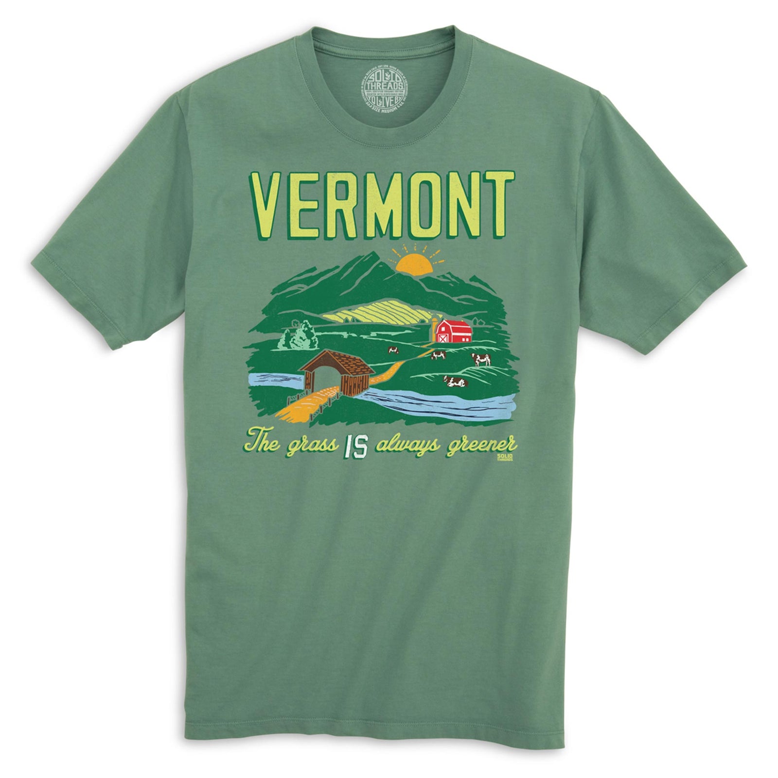 Vermont The Grass Is Always Greener Cool Organic Cotton T-shirt | Vintage Green Mountains Tee | Solid Threads