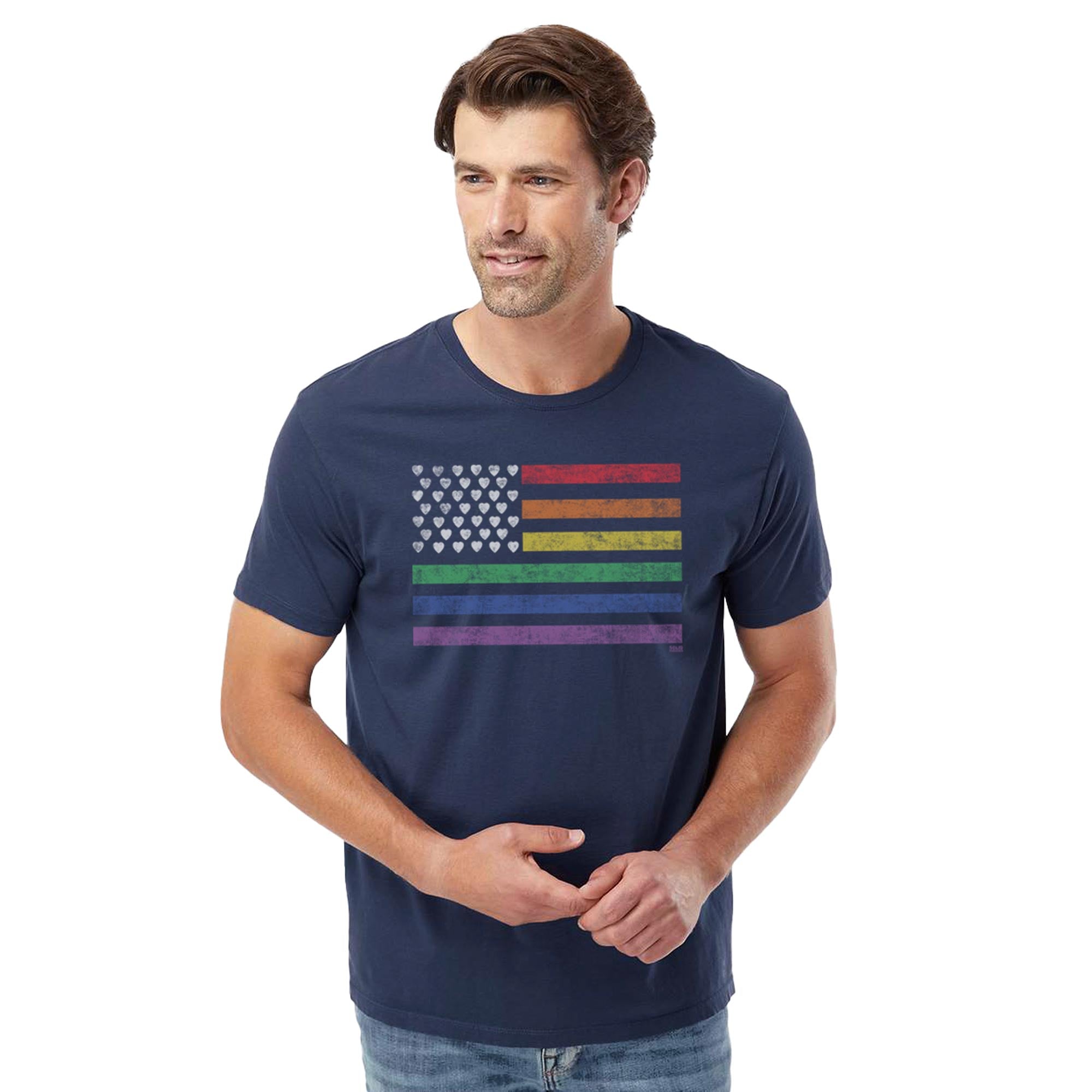 American Pride Cool Organic Cotton T-shirt | Vintage Lgbtq Flag  Tee On Model | Solid Threads