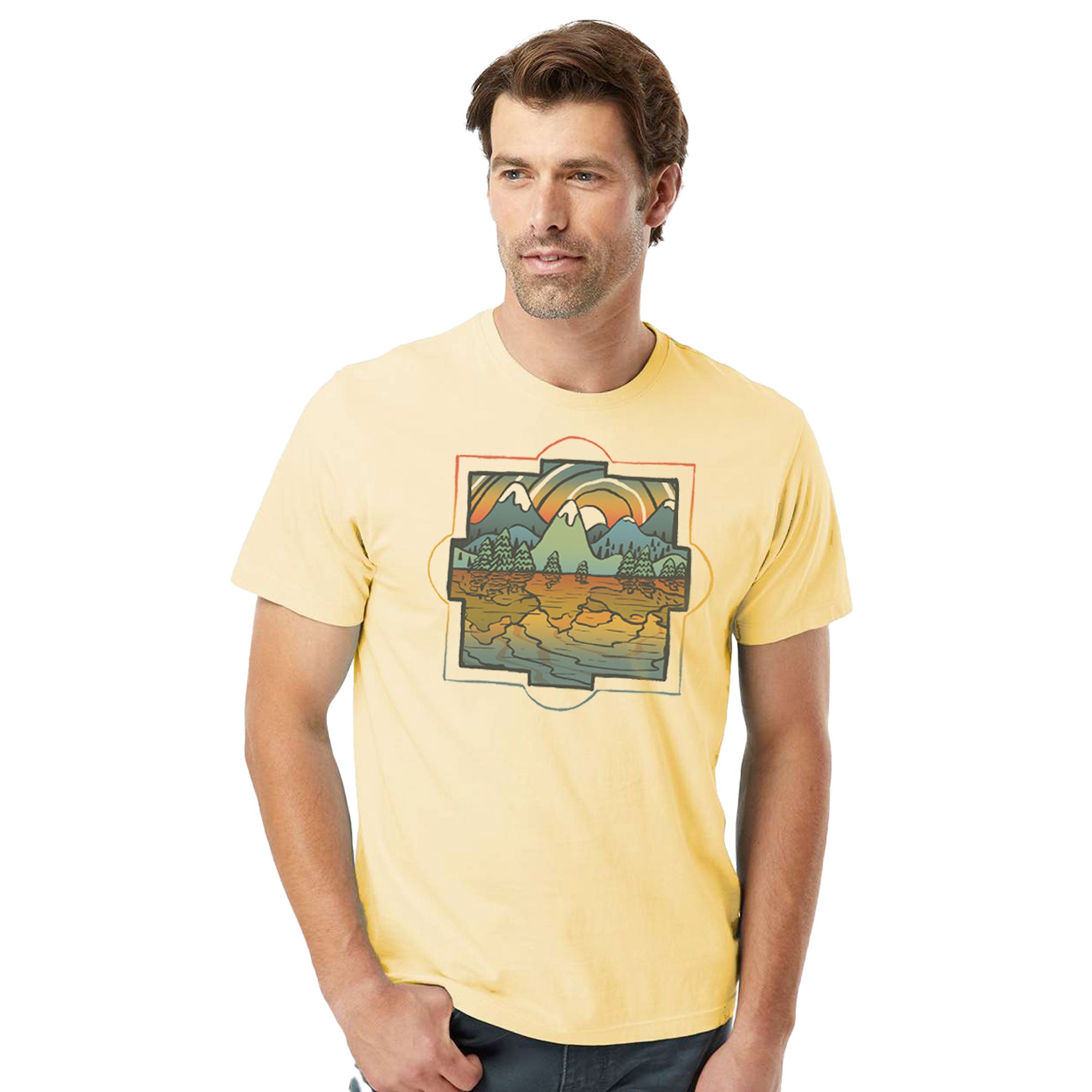 Reflections | Design By Dylan Fant Cool Organic Cotton T-shirt | Vintage Artsy Landscape Tee | Solid Threads