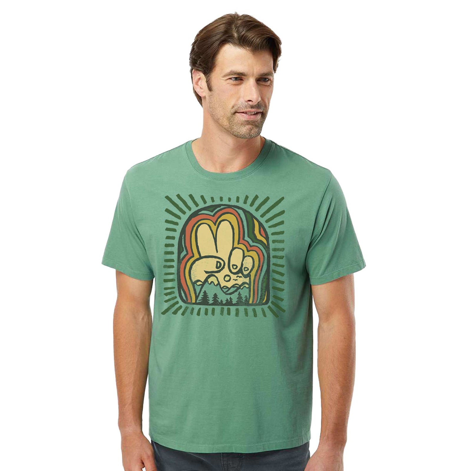 Men's Peace Mountains Cool Artsy Scenery Graphic Tee | Retro Nature Triblend T-Shirt on Model | SOLID THREADS