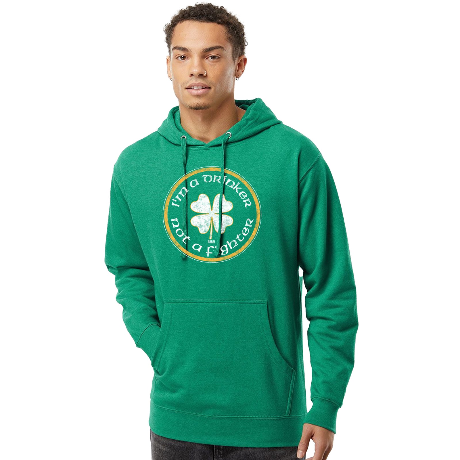 Drinker Not a Fighter Vintage Graphic Fleece | Funny Drinking Soft Blend Midweight Hoodie on Model | Solid Threads
