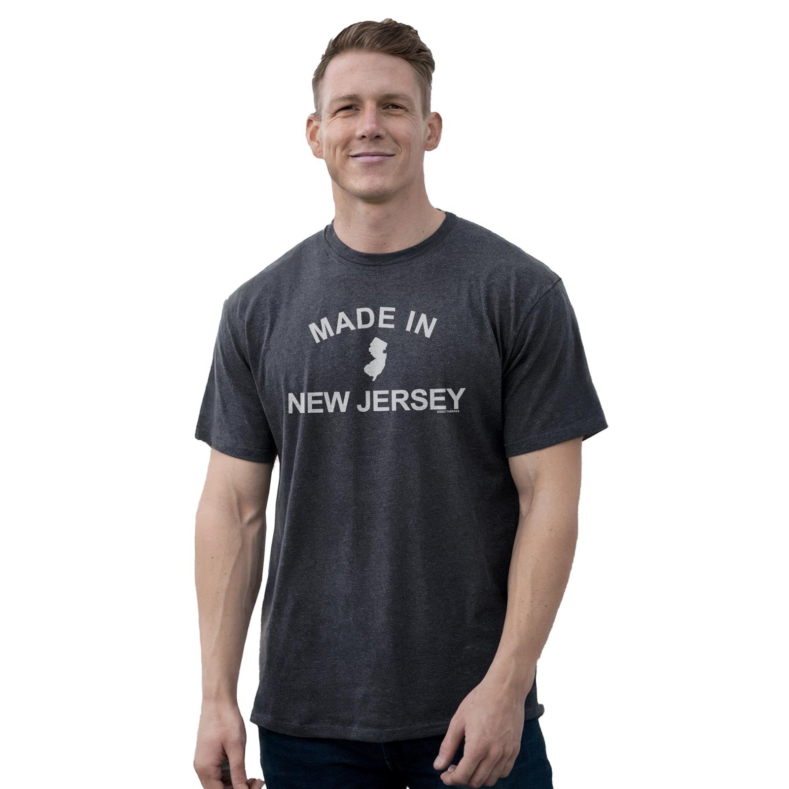 Made In New Jersey Cool Staple T-shirt in Charcoal Heather On Model - Front View