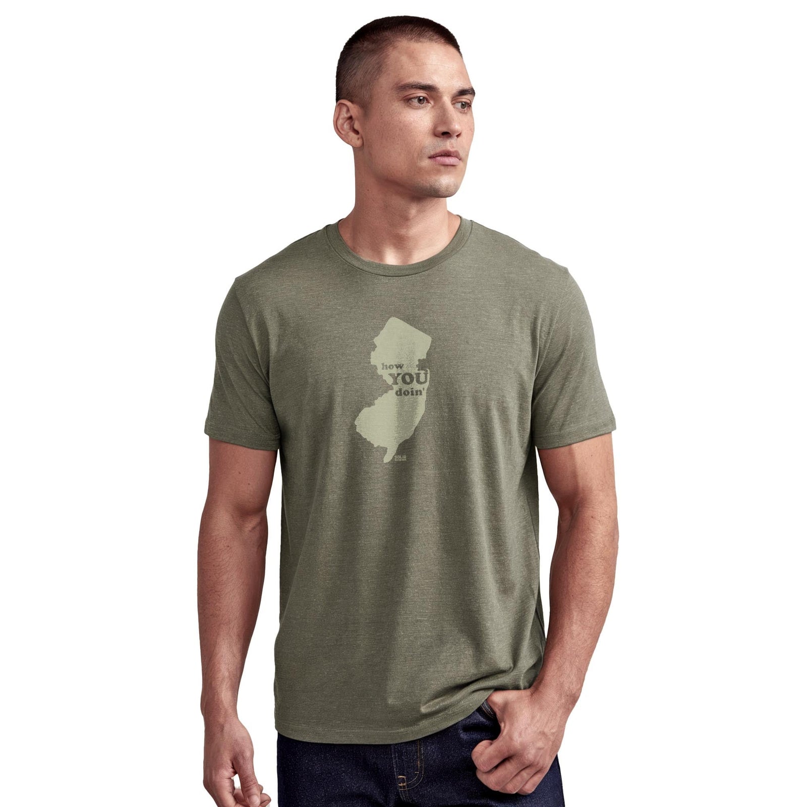How You Doin' Vintage Staple T-shirt in Olive Heather On Model - Front View