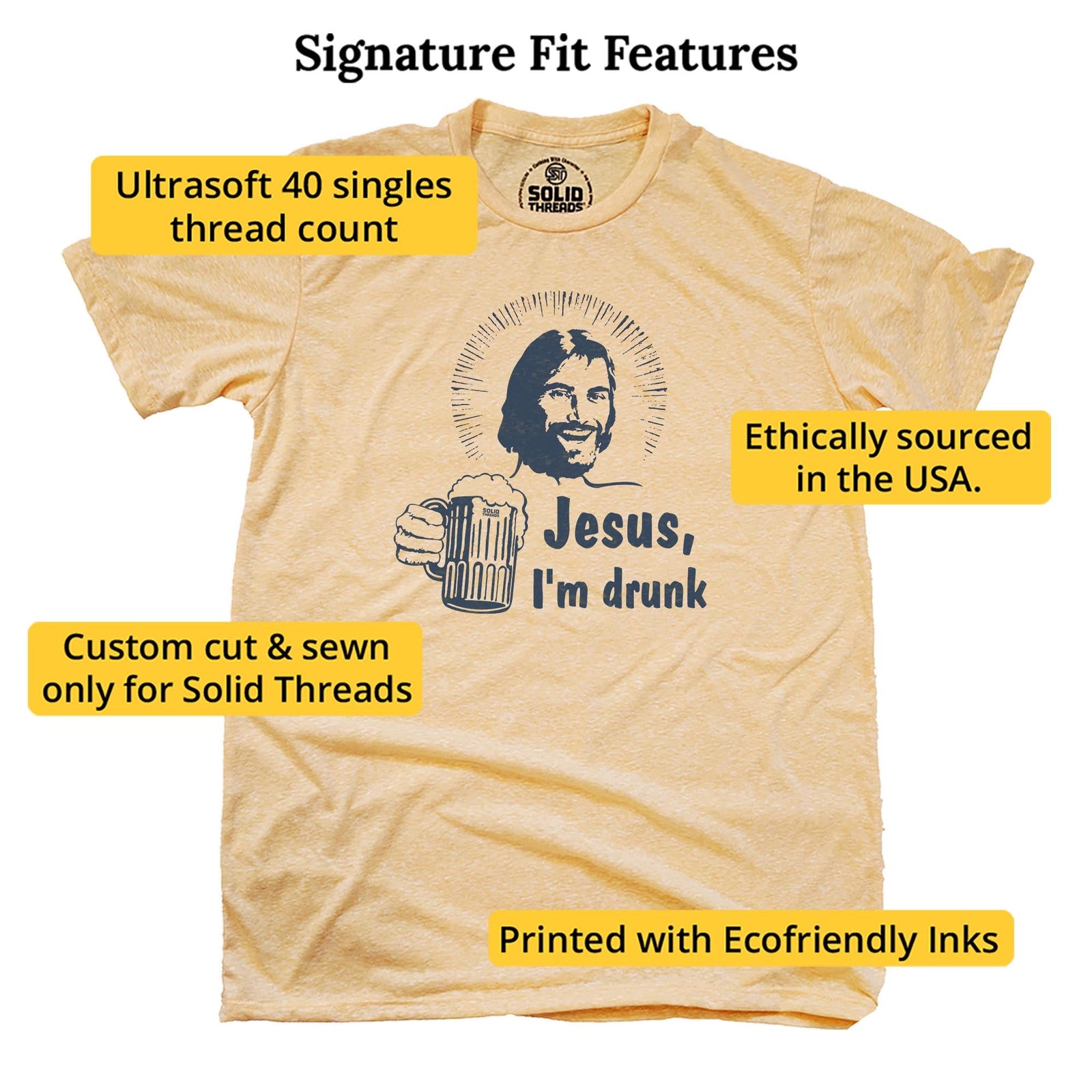 Jesus I'm Drunk Funny Signature T-shirt in Triblend Gold - Fit Attributes
