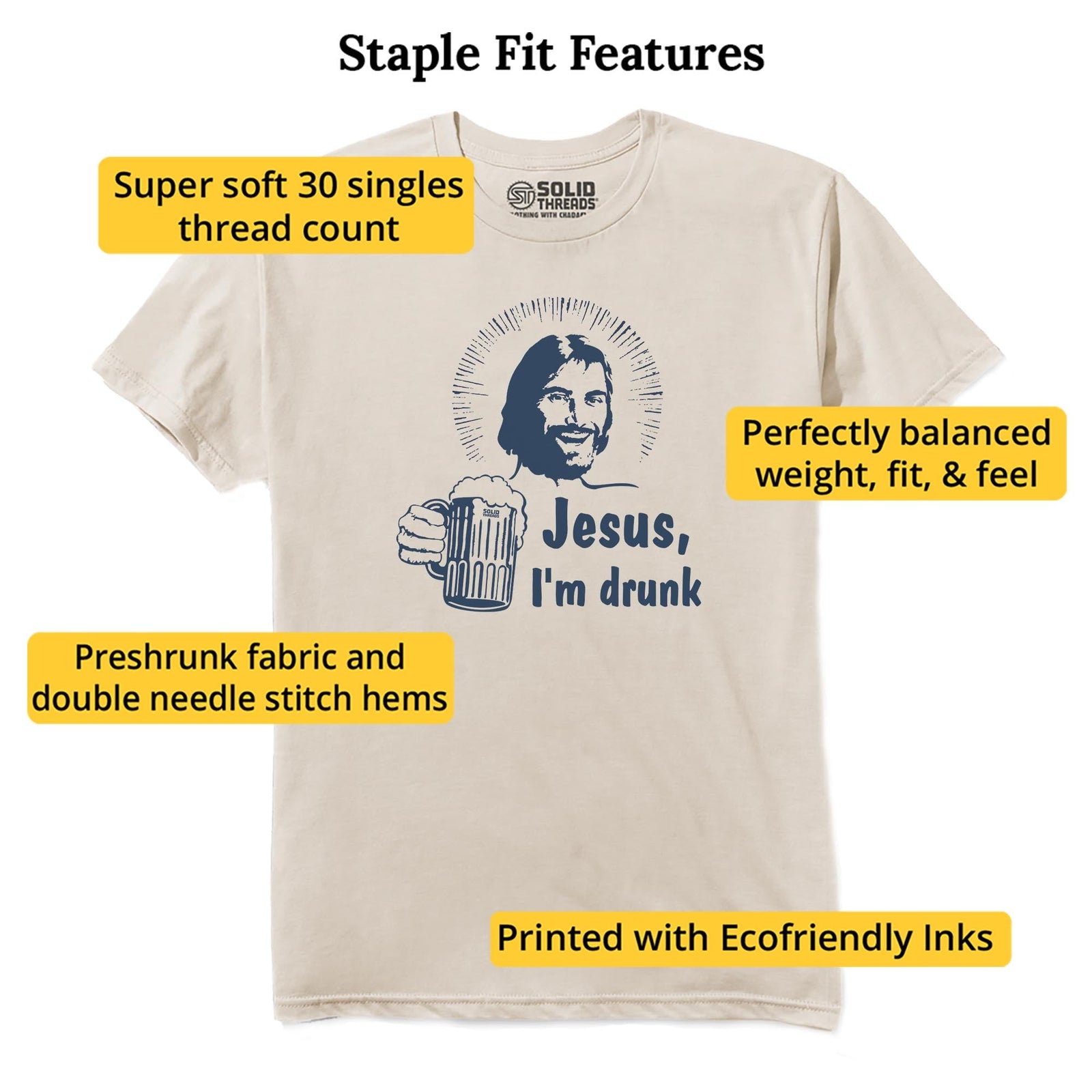 Jesus I'm Drunk Funny Staple T-shirt in Natural - Fit Attributes