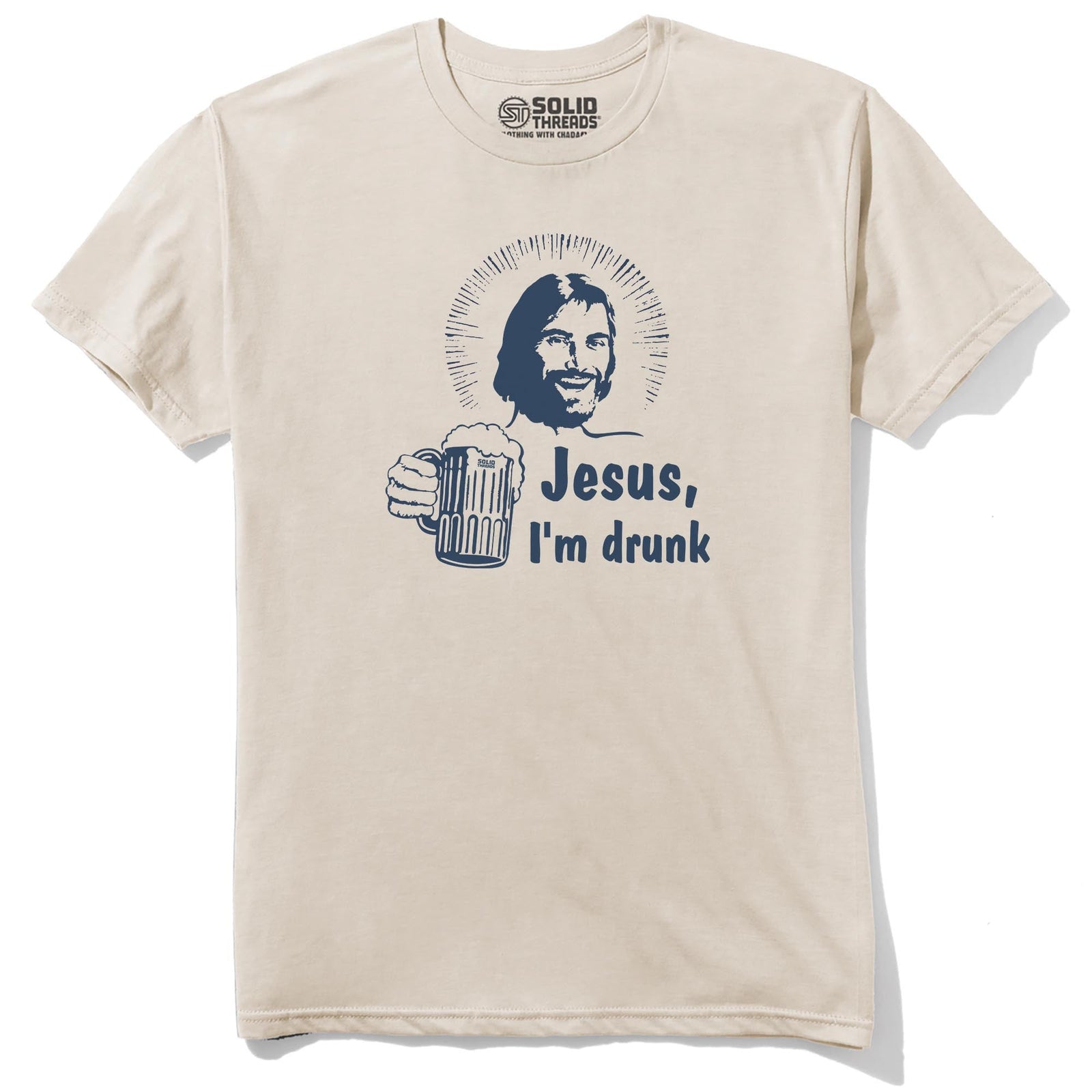 Jesus I'm Drunk Funny Staple T-shirt in Natural - Front View