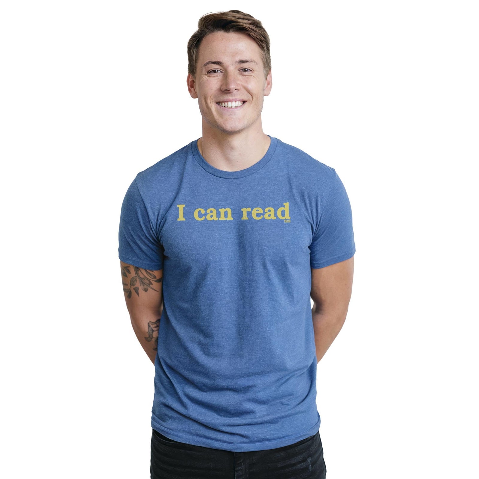 I Can Read Funny Staple T-shirt in Royal Heather On Model - Front View