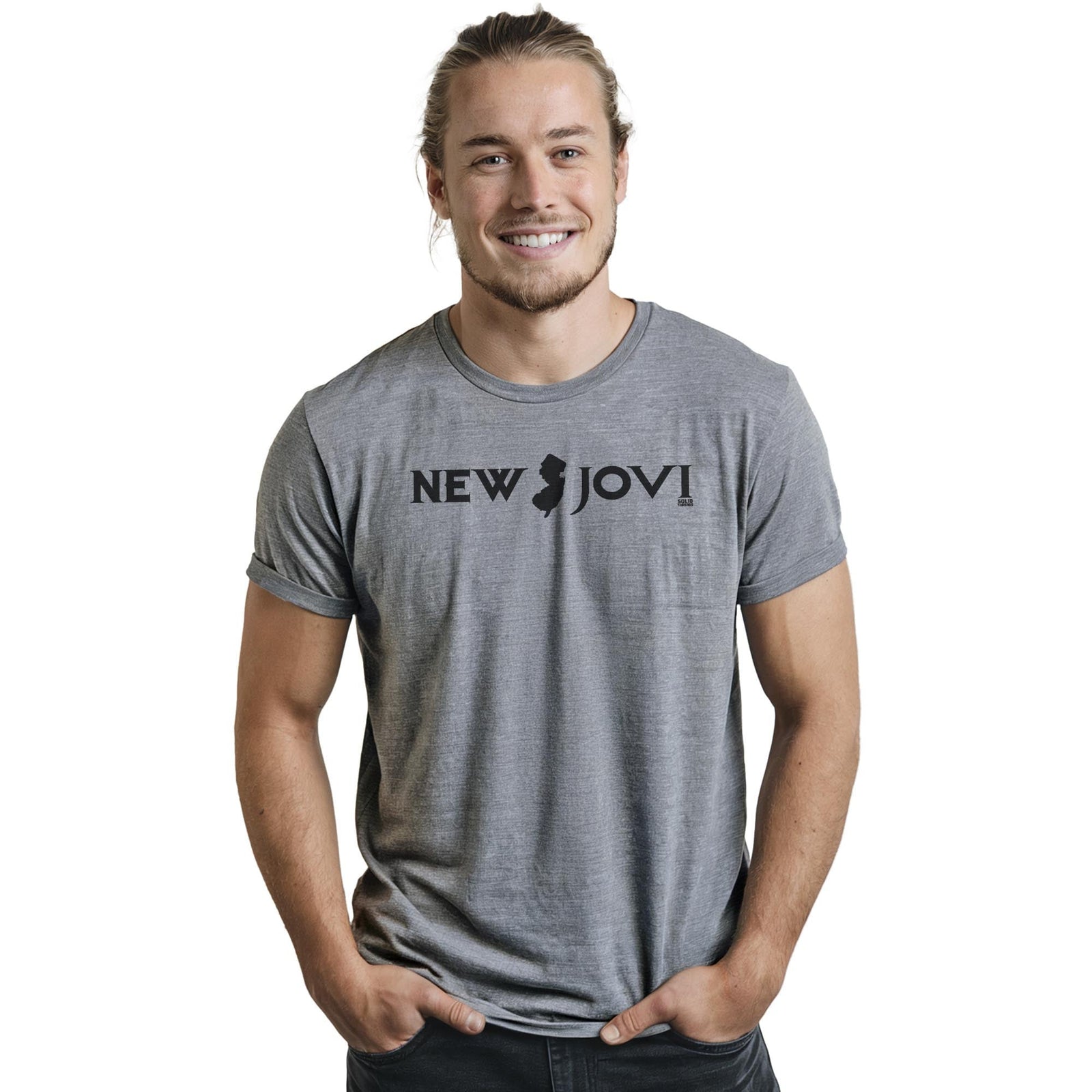 New Jovi Funny Staple T-shirt in Ash Heather On Model - Front View