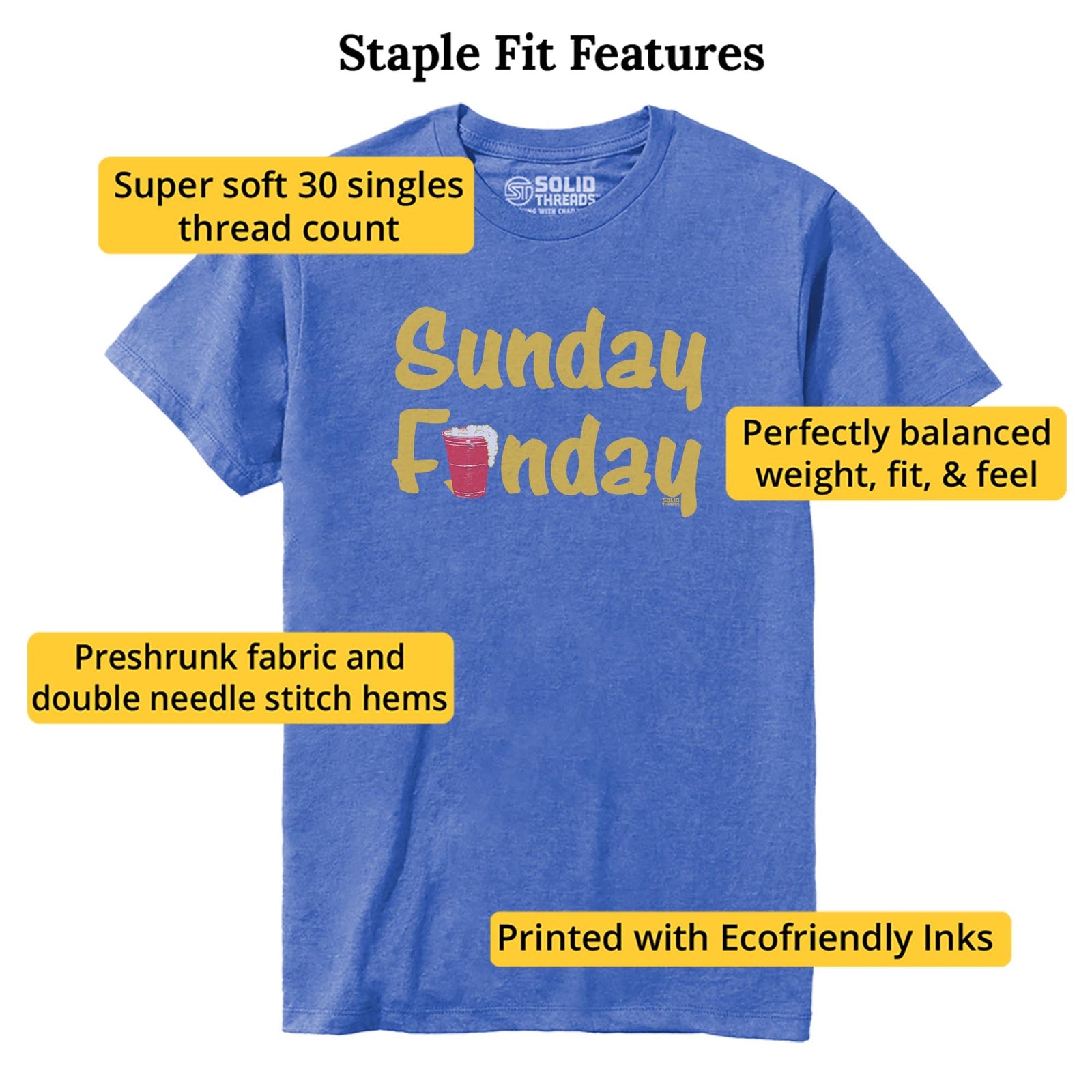 Sunday Funday Vintage Staple T-shirt in Royal Heather - Fit Attributes