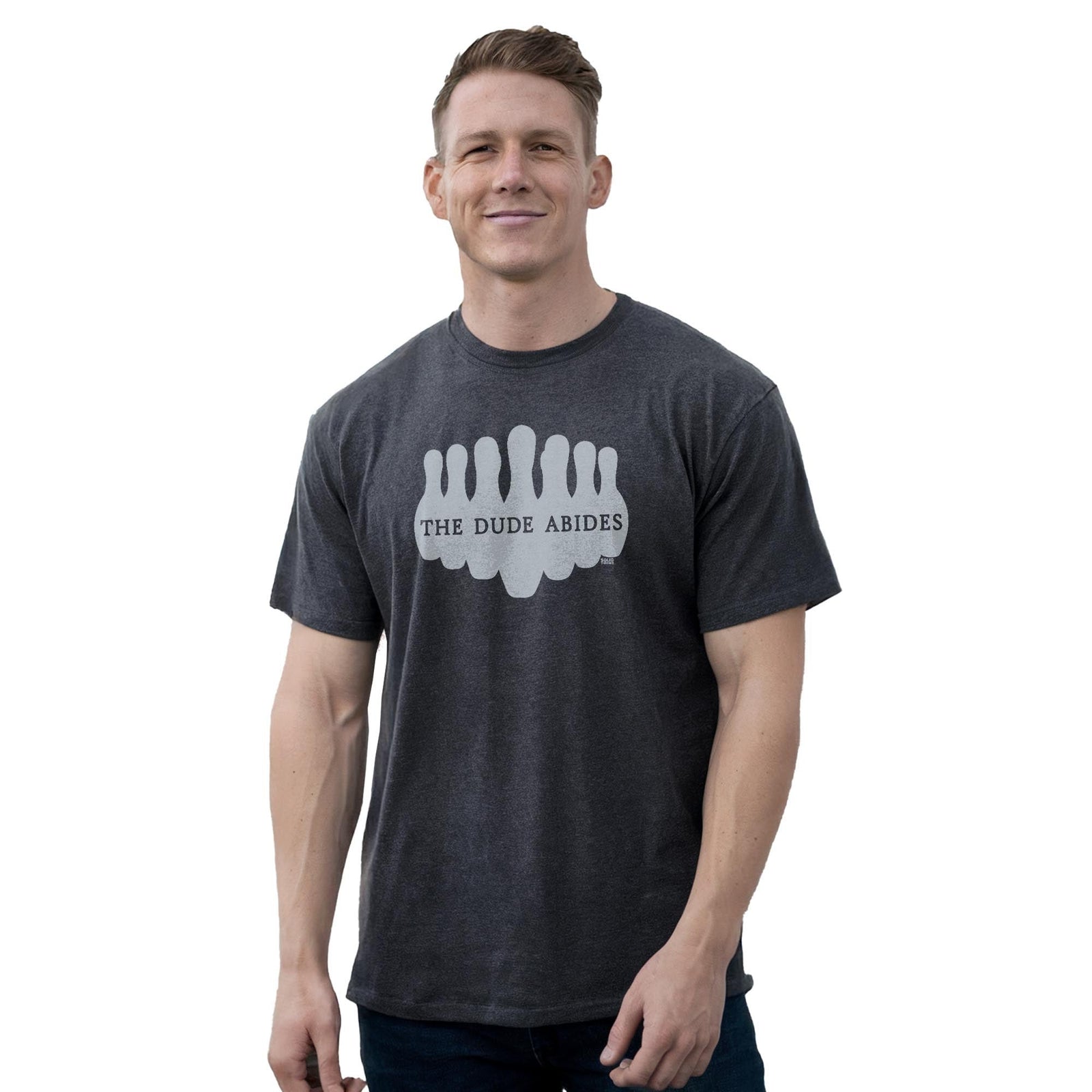 Dude Abides Cool Staple T-shirt in Charcoal Heather On Model - Front View