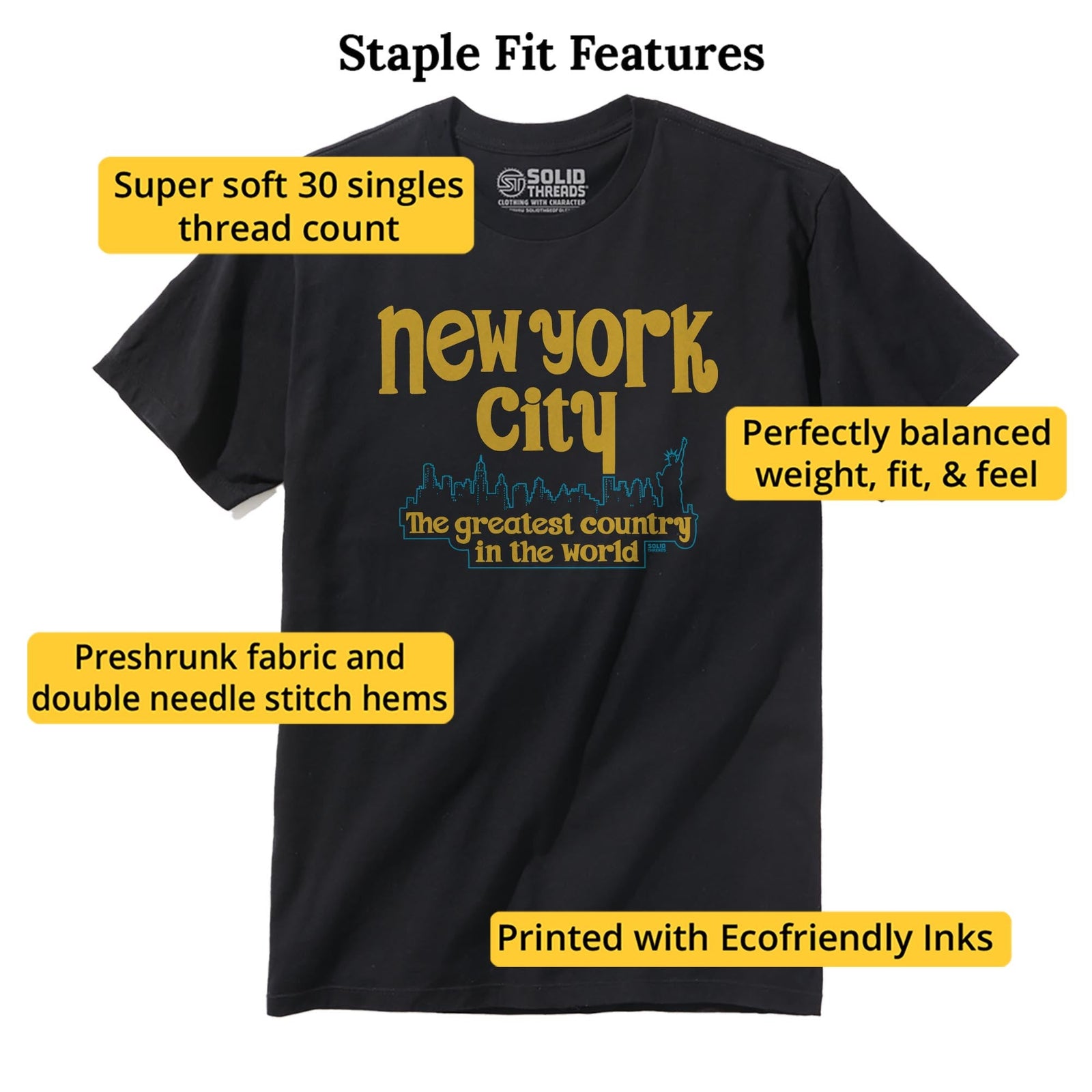 New York City The Greatest Country In The World Vintage Staple T-shirt in Black - Fit Attributes